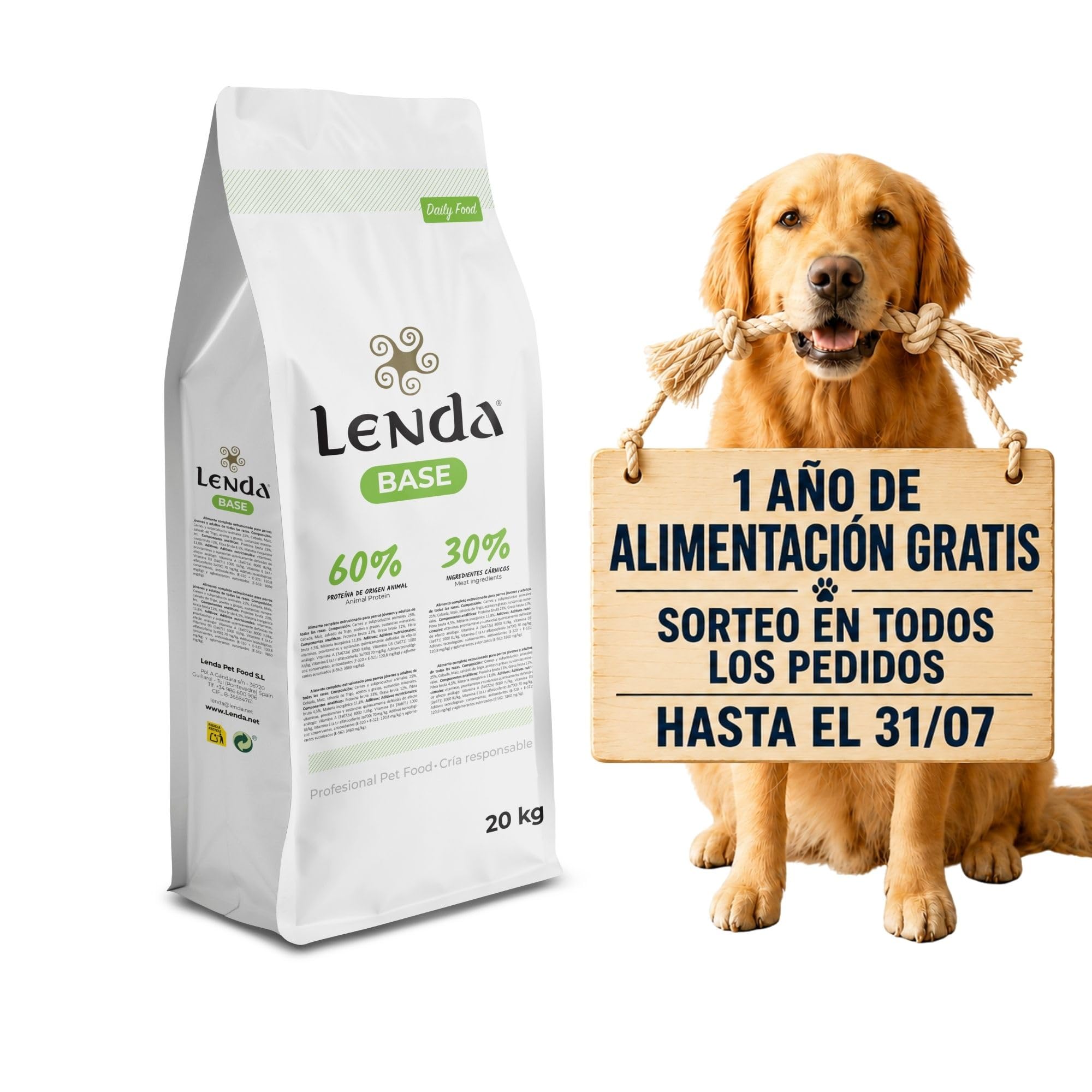 Lenda Base Daily Food 20 kg - Pienso para Perros Jovenes y Adultos - Comida para Perros de Todas Las Razas - Natural - Ideal Criadores