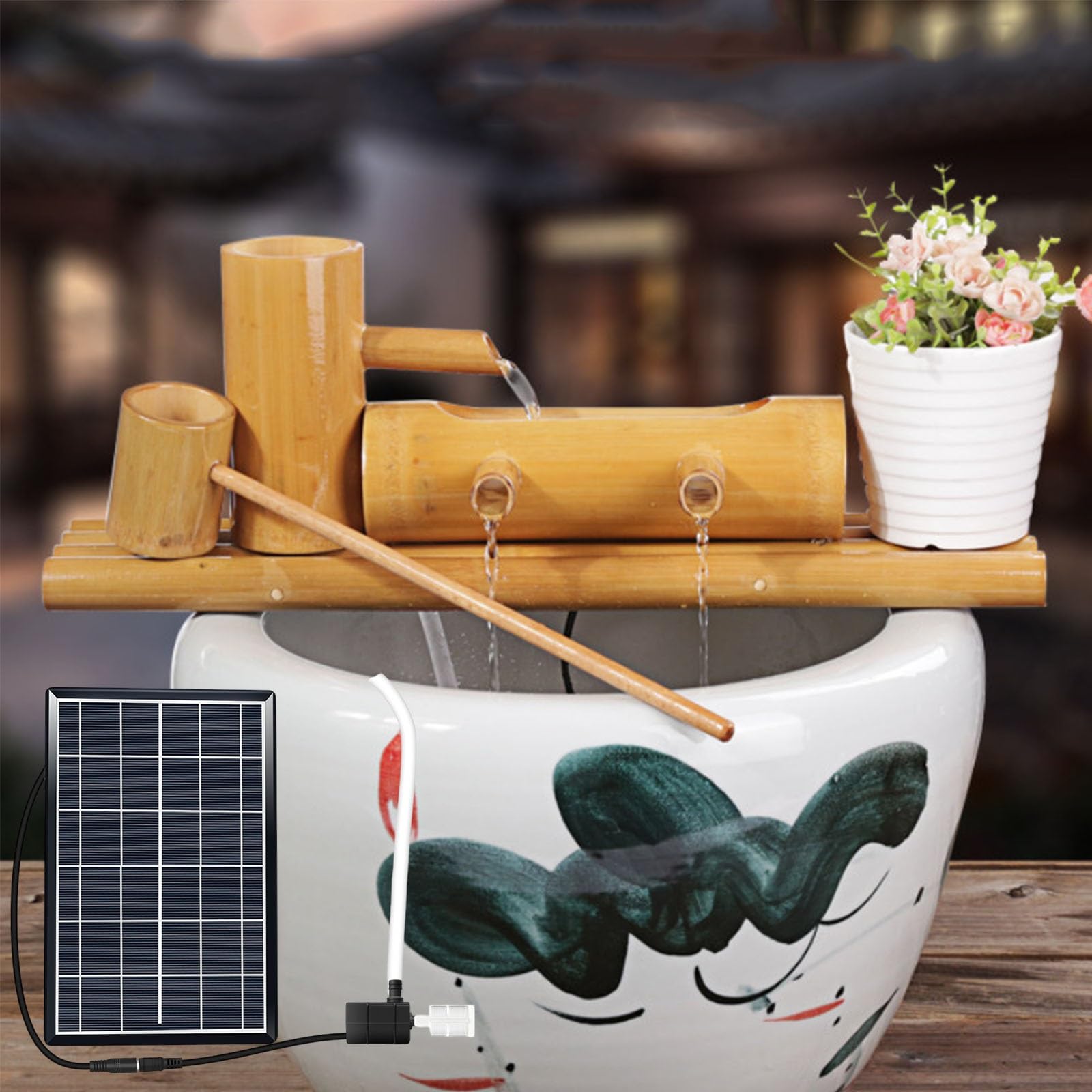Fontaine Solaire en Bambou, Fontaine Japonaise d'extérieur avec Pompe, Jet d'eau étagé, Fontaine Artisanale en Bambou pour terrasse ou Bassin de Jardin, 30 cm