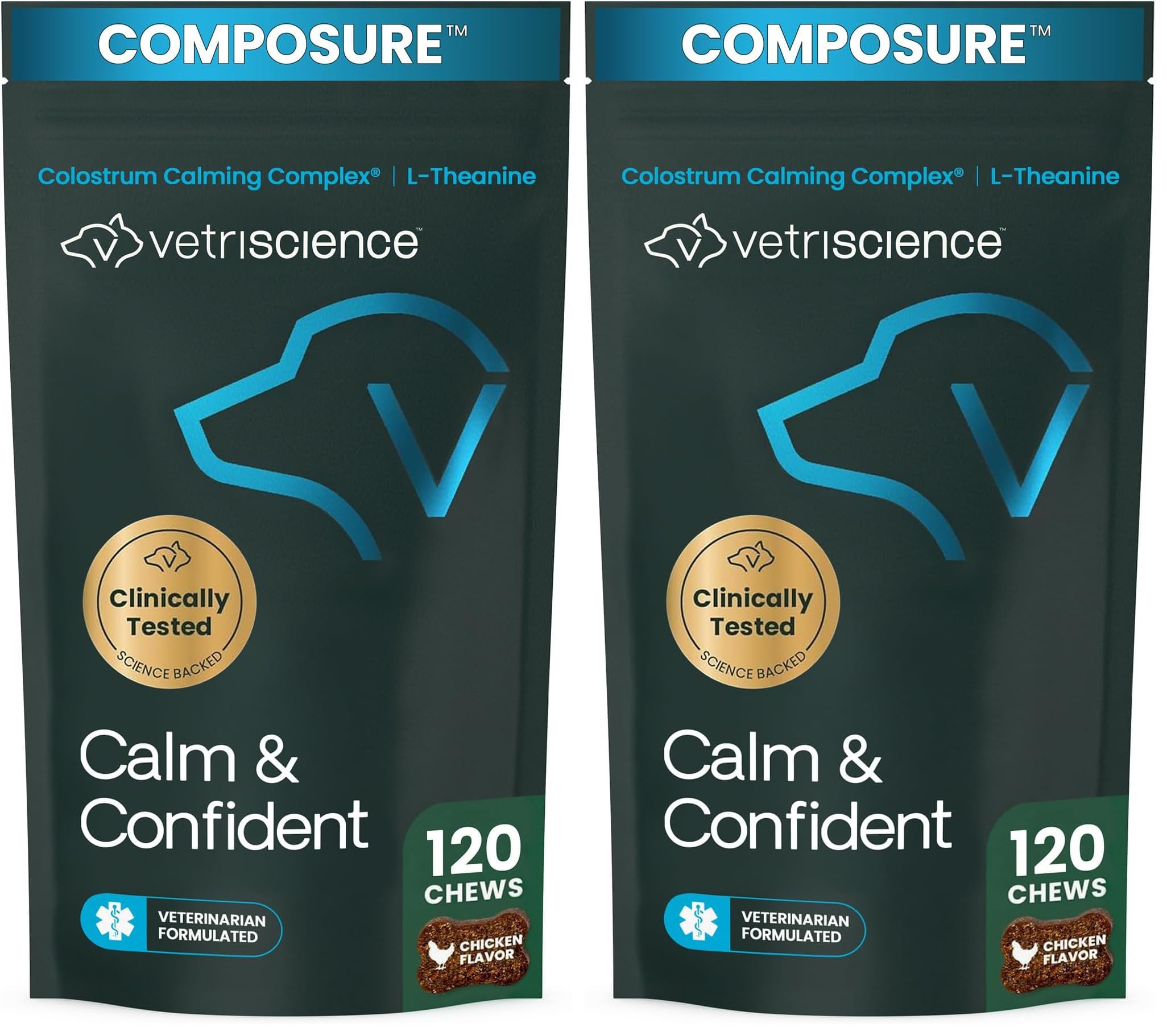 VetriScience Calm &amp; Confident Chews, Composure Clinically Tested Calming &amp; Anxiety Supplement for Dogs, Reduce Stress and Fear, Ideal for Thunderstorms, Fireworks &amp; Travel 120 Count (Pack of 2)
