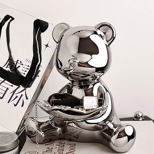 Miniatura 5 de Linxia Escultura de oso de cerámica con bandeja, decoración de oso blanco leche, bandeja de almacenamiento decorativa para llaves, hogar, oficina,