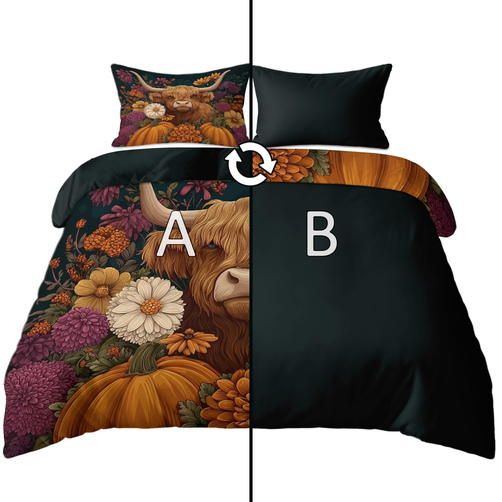 Generisch Bettwäsche 200 x 200 cm Herbst Kürbis Cartoon, atmungsaktive Pflegeleichte Bettbezüge aus gebürsteter Mikrofaser, Schwarz mit Reißverschluss & 2 Kissenbezügen