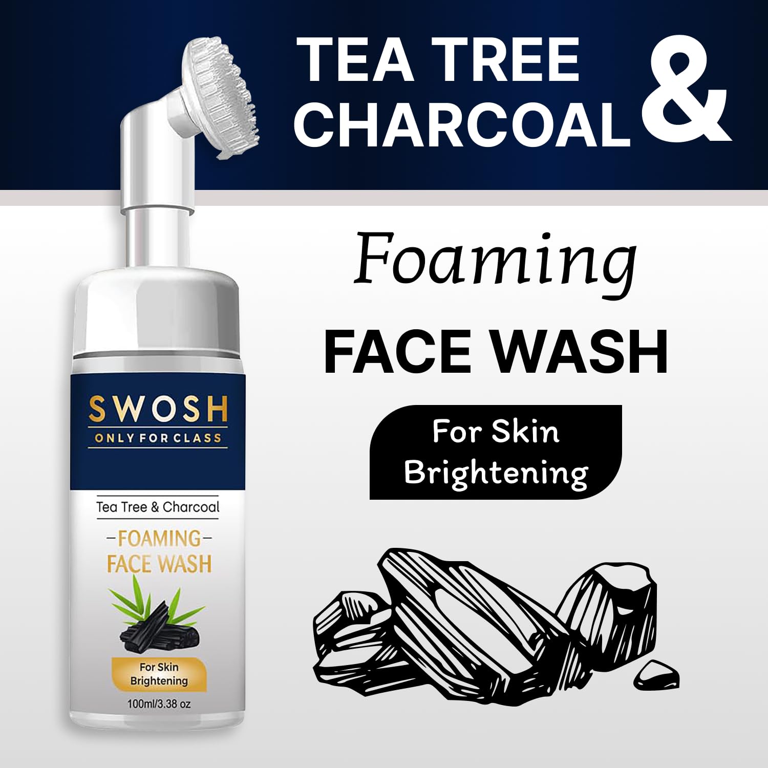 SWOSH Activated Charcoal Face Wash With Tea Tree Oil For Women and Men 100 ml With Bulit In Silicone Brush - Image 2