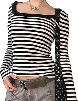 Y2K Grunge Stripe Crop Tops Punk Long Sleeves Blouse Gothic