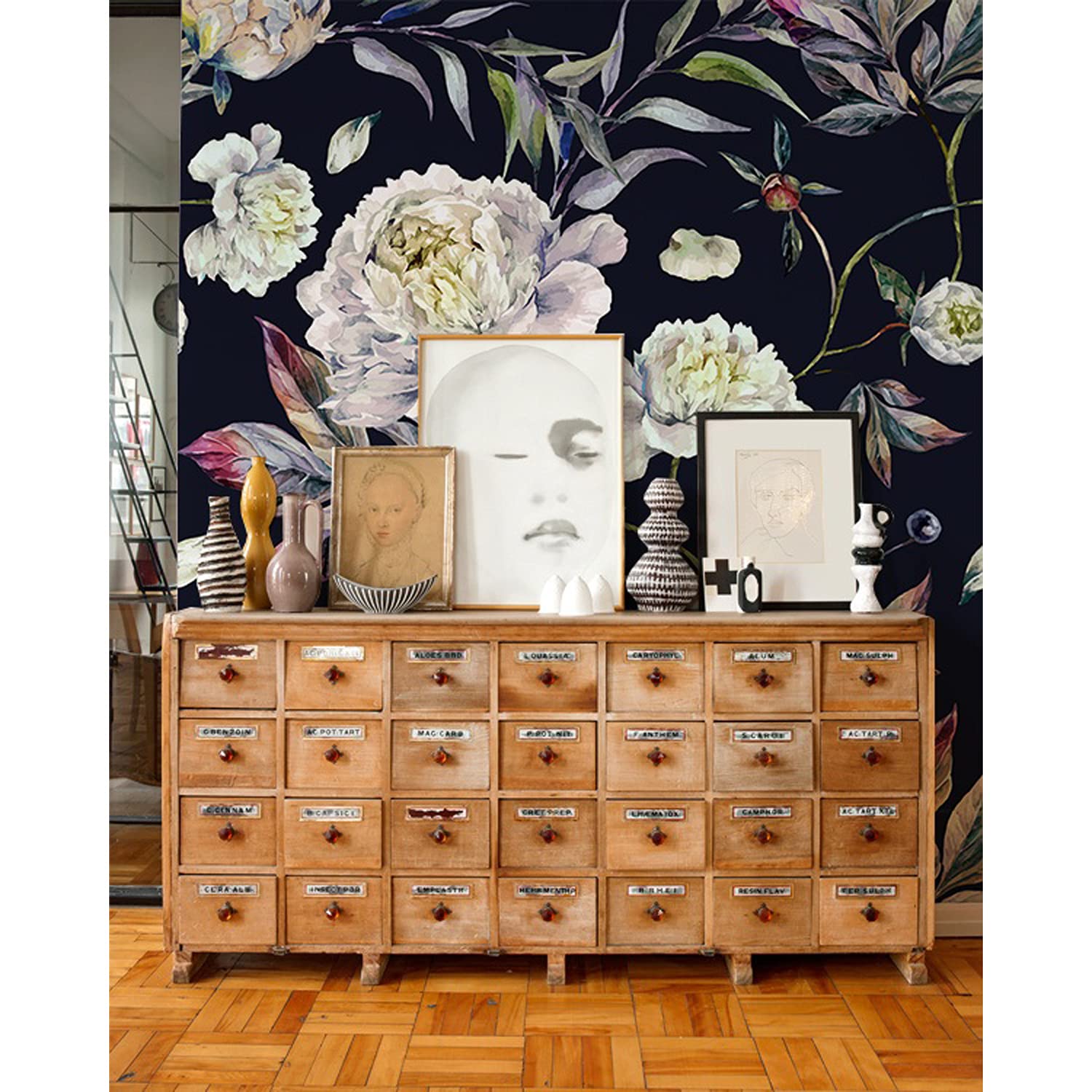 Papier peint latex 152x104cm pivoines sombres pour salon