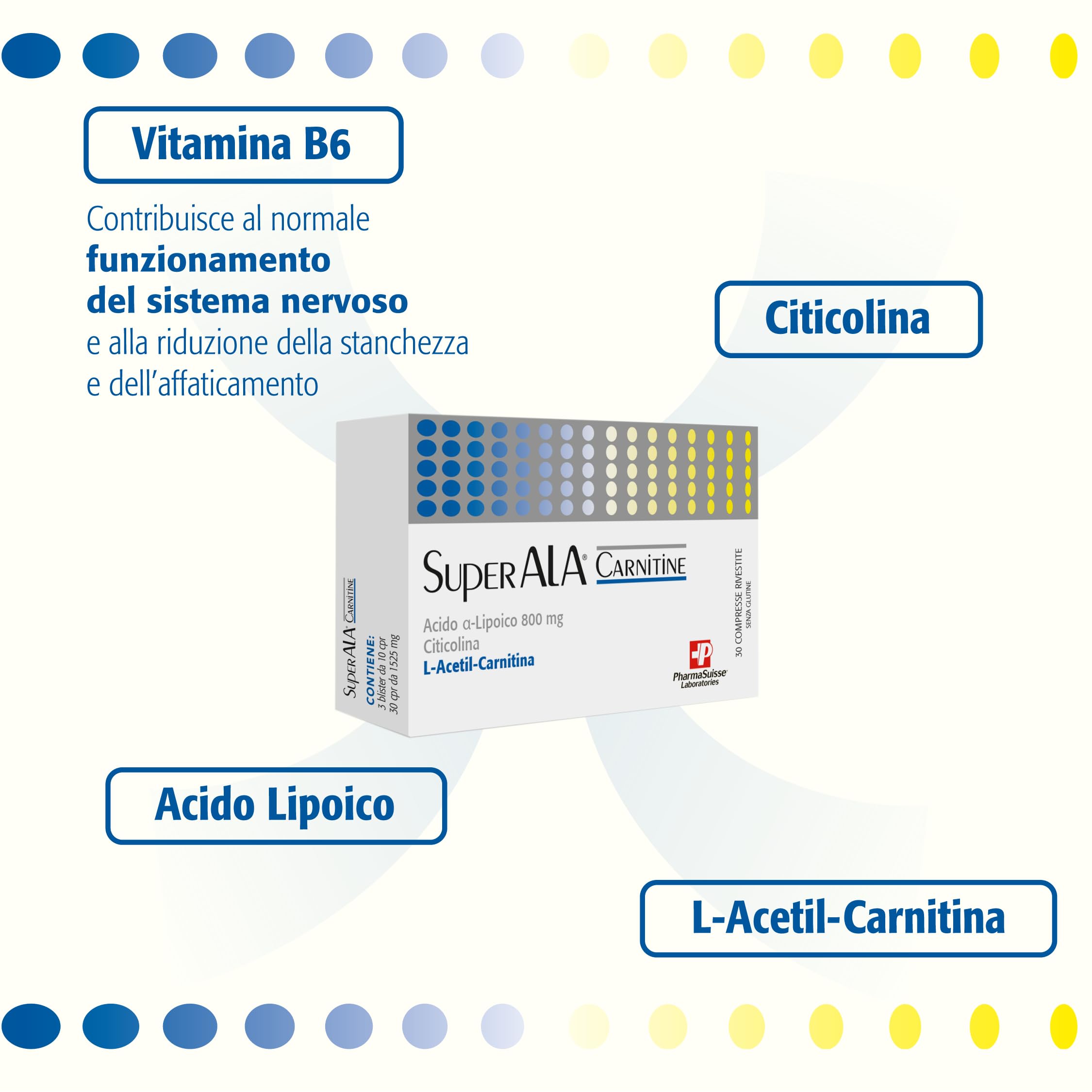 SuperAla Carnitine Integratore Alimentare che agisce sui Tessuti Nervosi - a base di L-Acetil-Carnitina, Acido Alfa-Lipoico, Citicolina e Vitamina B6-30 compresse