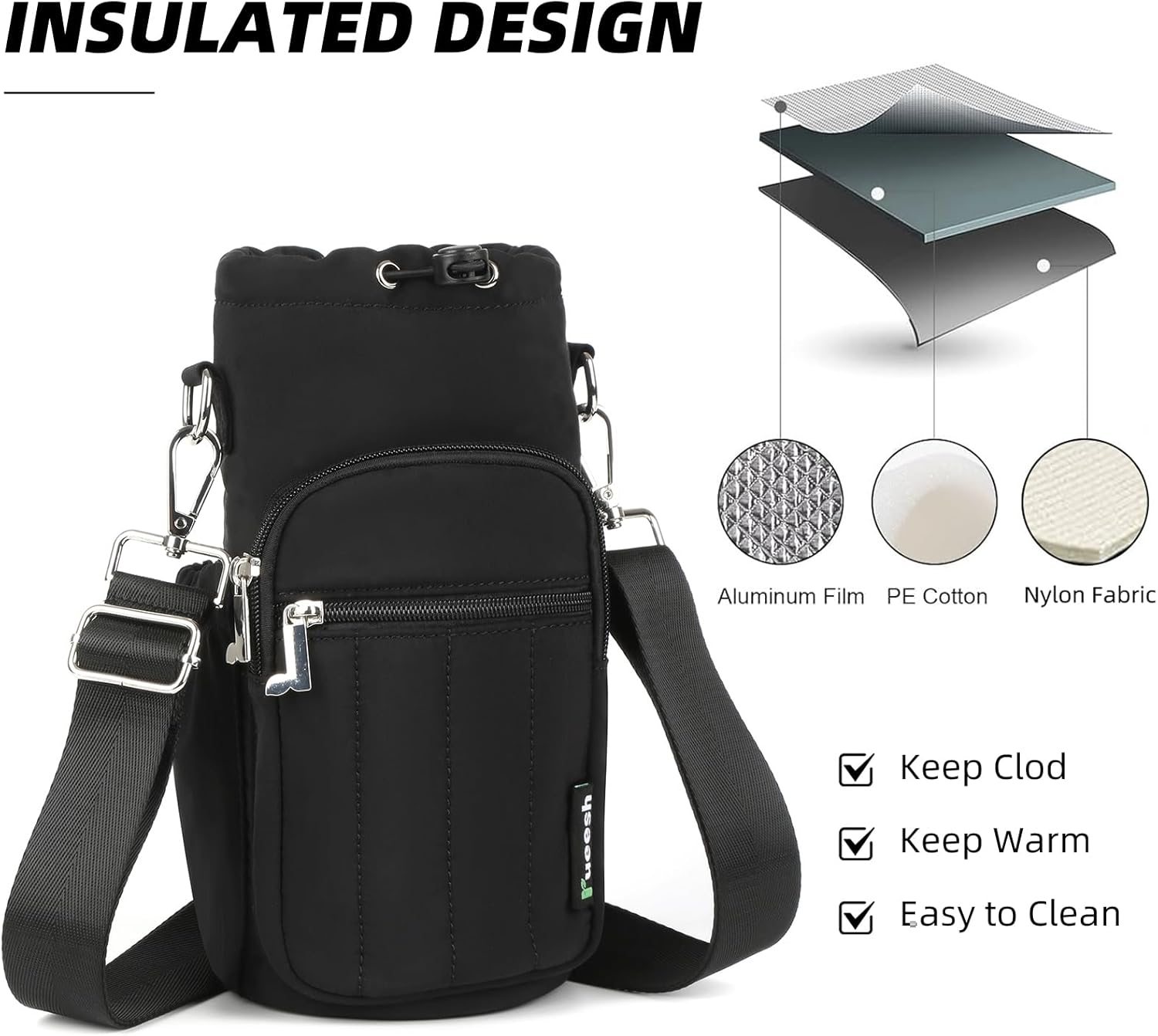 Rueesh Water Bottle Holder Bag with Adjustable Strap, Insulated Bottle Carrier Bag RFID Crossbody Sling Bag for Gym Walking - Image 5