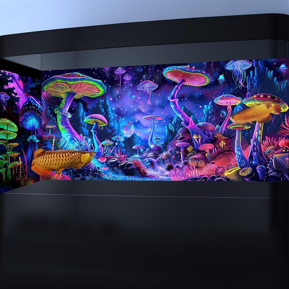 BATRUG 30X18IN Blacklight Mushroom Black Light Aquarium Background UV Reactive Background Starry Sky Terrarium Mushroom Theme Background with 10 EVA Double-Sided Tape