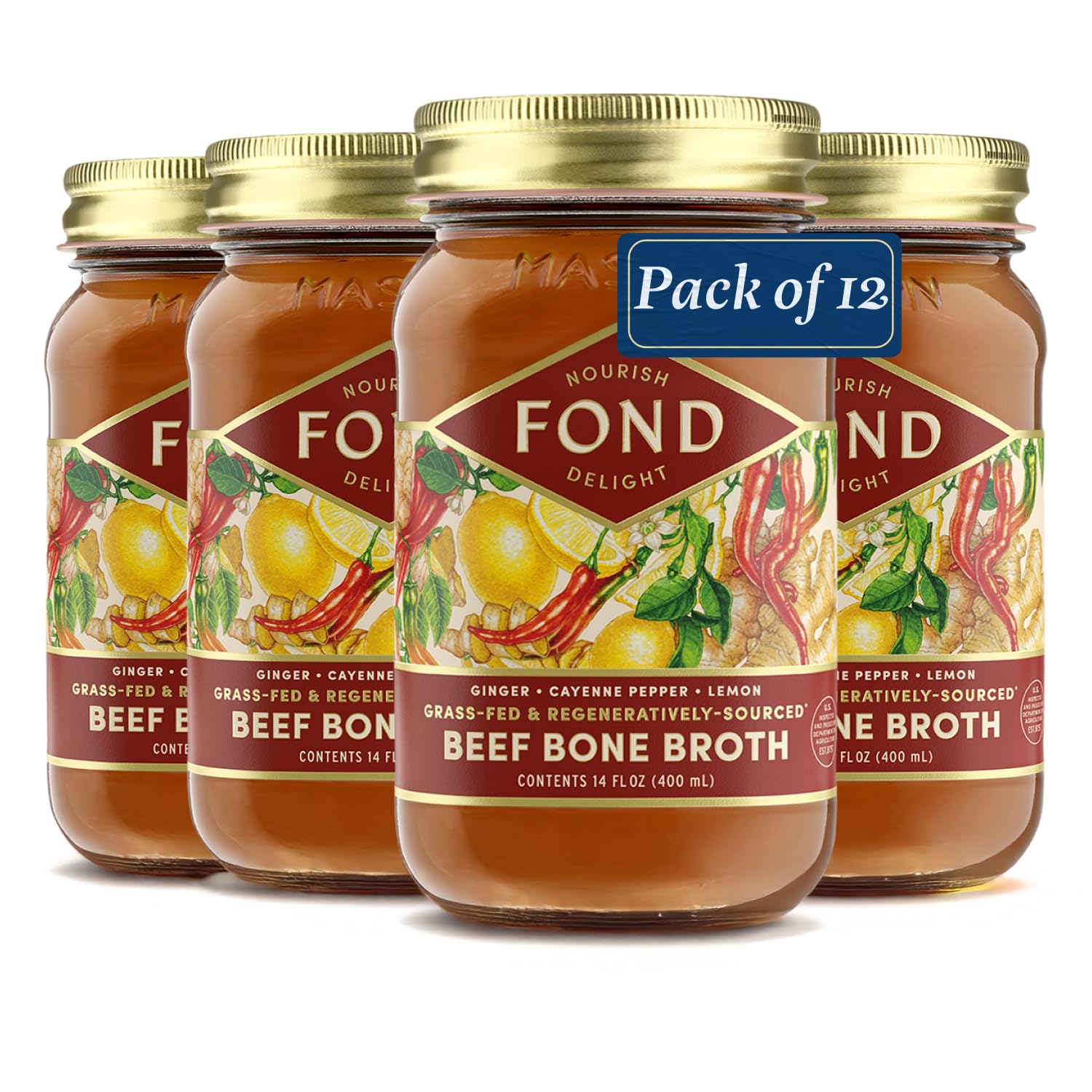 FOND Regenerative Grass Fed Beef Bone Broth Infused with Organic Ginger & Cayenne – Slow-Simmered Beef Broth for Rich and Nourishing Flavor,