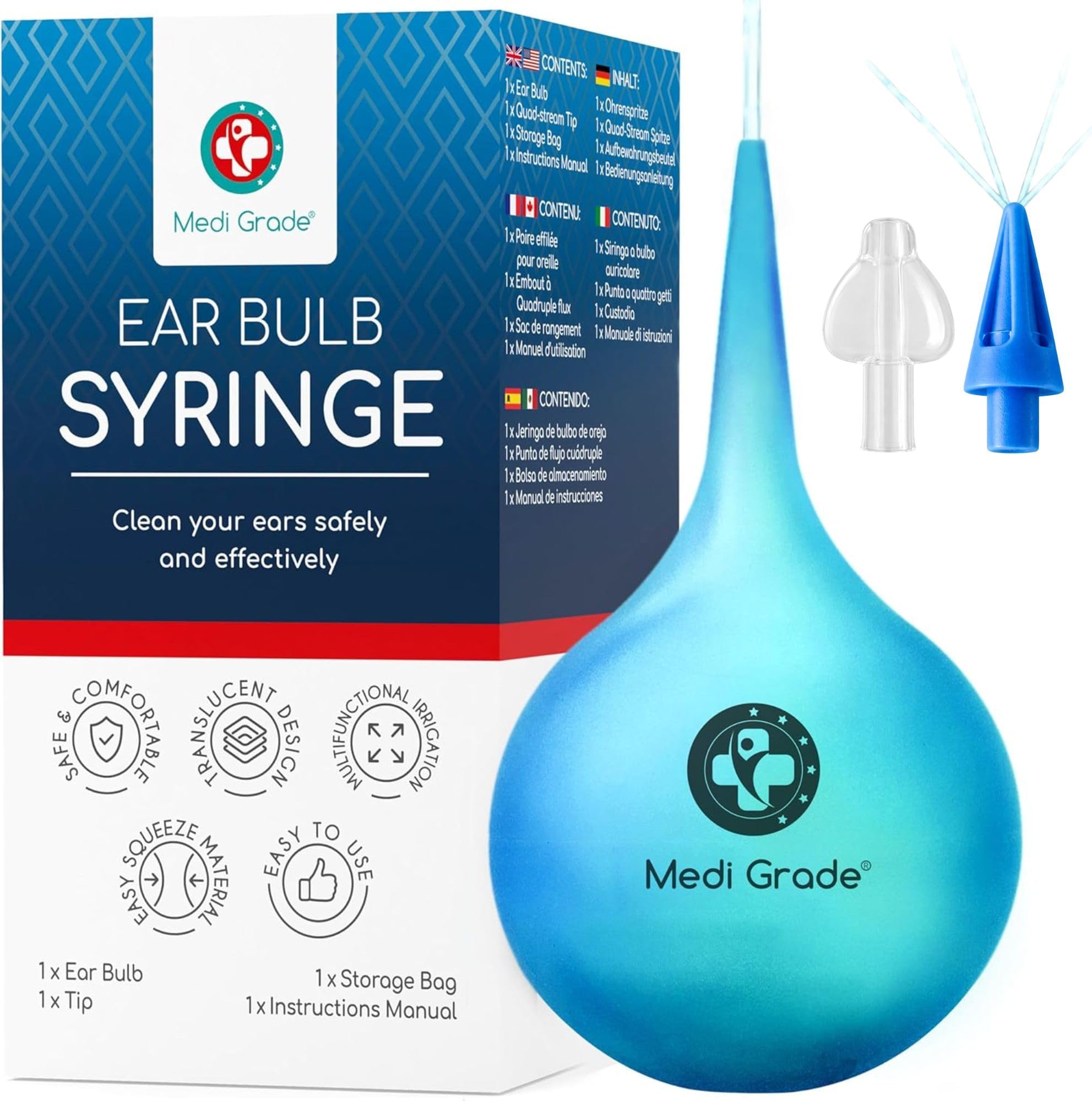 – Ear Bulb Syringe Ear Wax Removal Kit, 75 ml - Translucent Bulb Ear Syringe Kit for Removing Ear Wax and Improving Hearing with Ear Cleaner Quad-stream Tip - Ear Wax Remover Ear Cleaning Kit