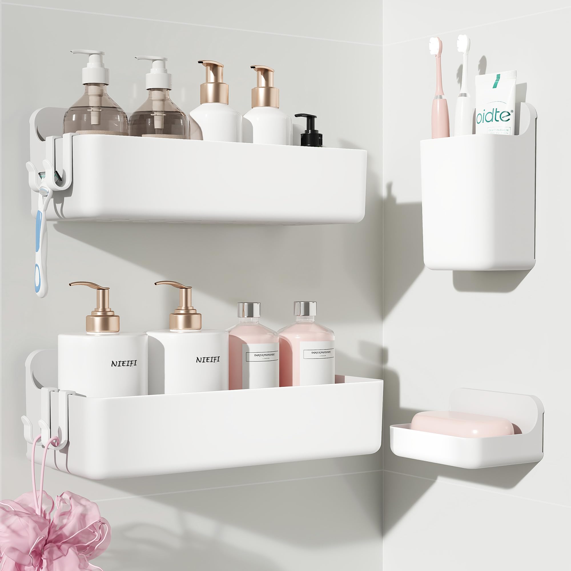 Photo 1 of Nieifi Adhesive Shower Shelves, White, 4 Pieces