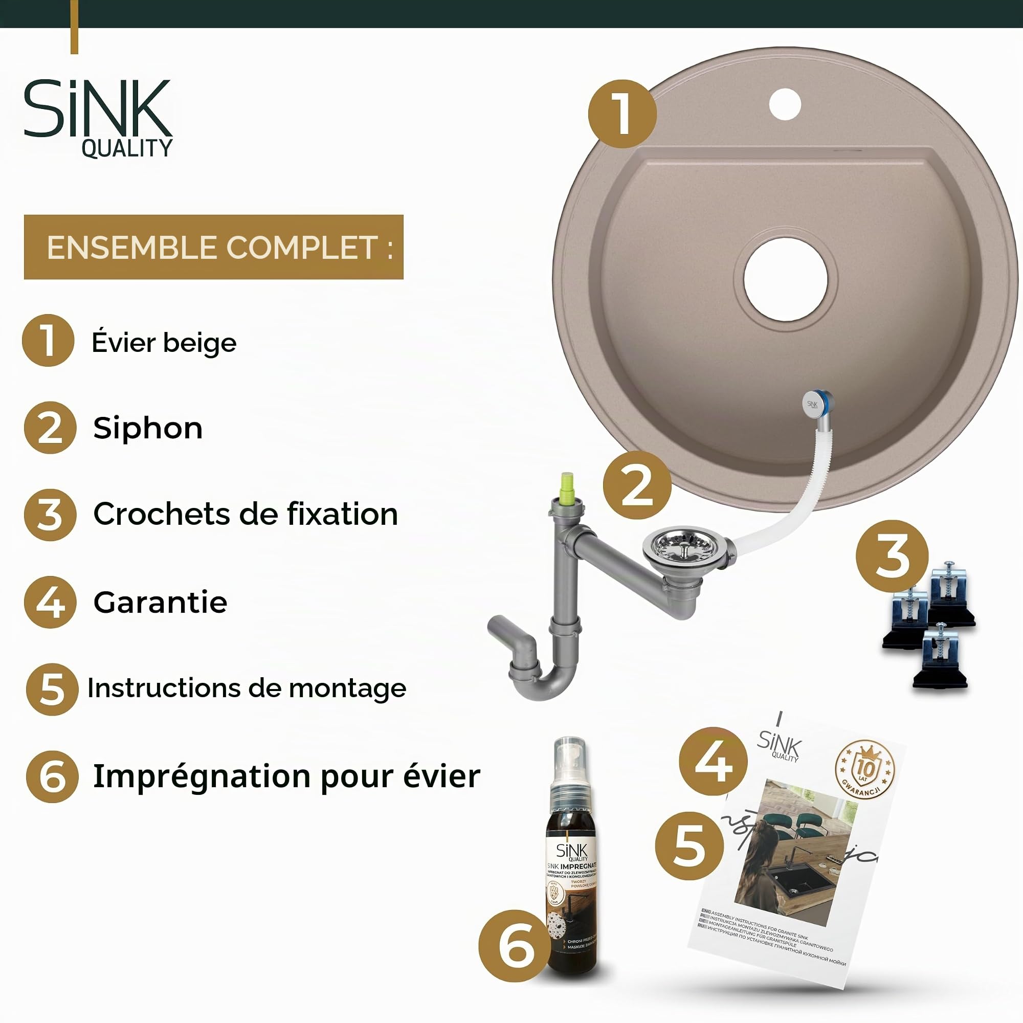 SINK QUALITY Évier rond beige Ø 51 cm – Siphon et imprégnant inclus – Évier de cuisine rond en granit – Évier en granit beige pour armoires basses à partir de 55 cm de largeur – Évier encastrable en