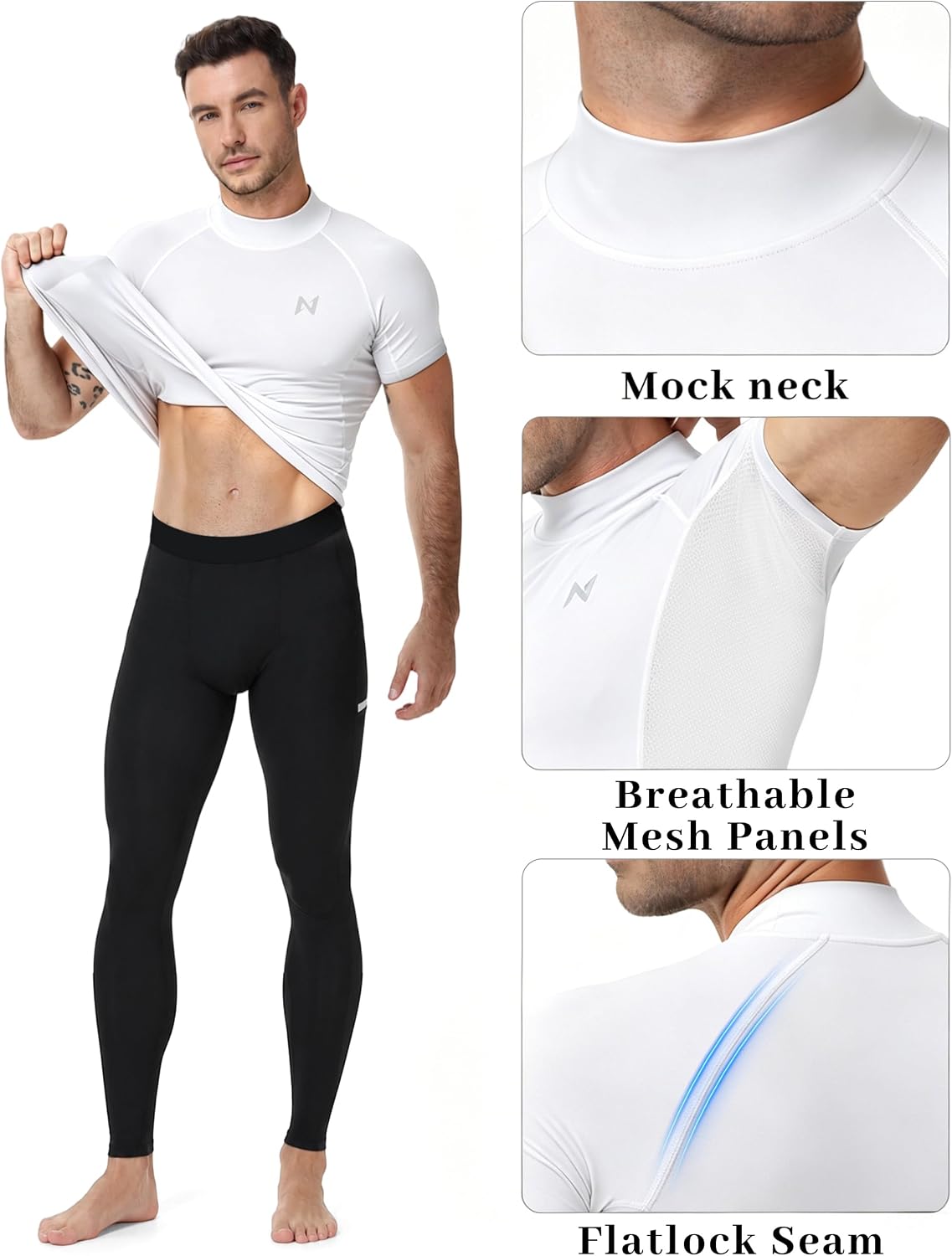 isnowood Men's Compression Shirt Short Sleeve, Mock Turtleneck Cool Dry Athletic Undershirt, Gym Workout Sports Base Layer