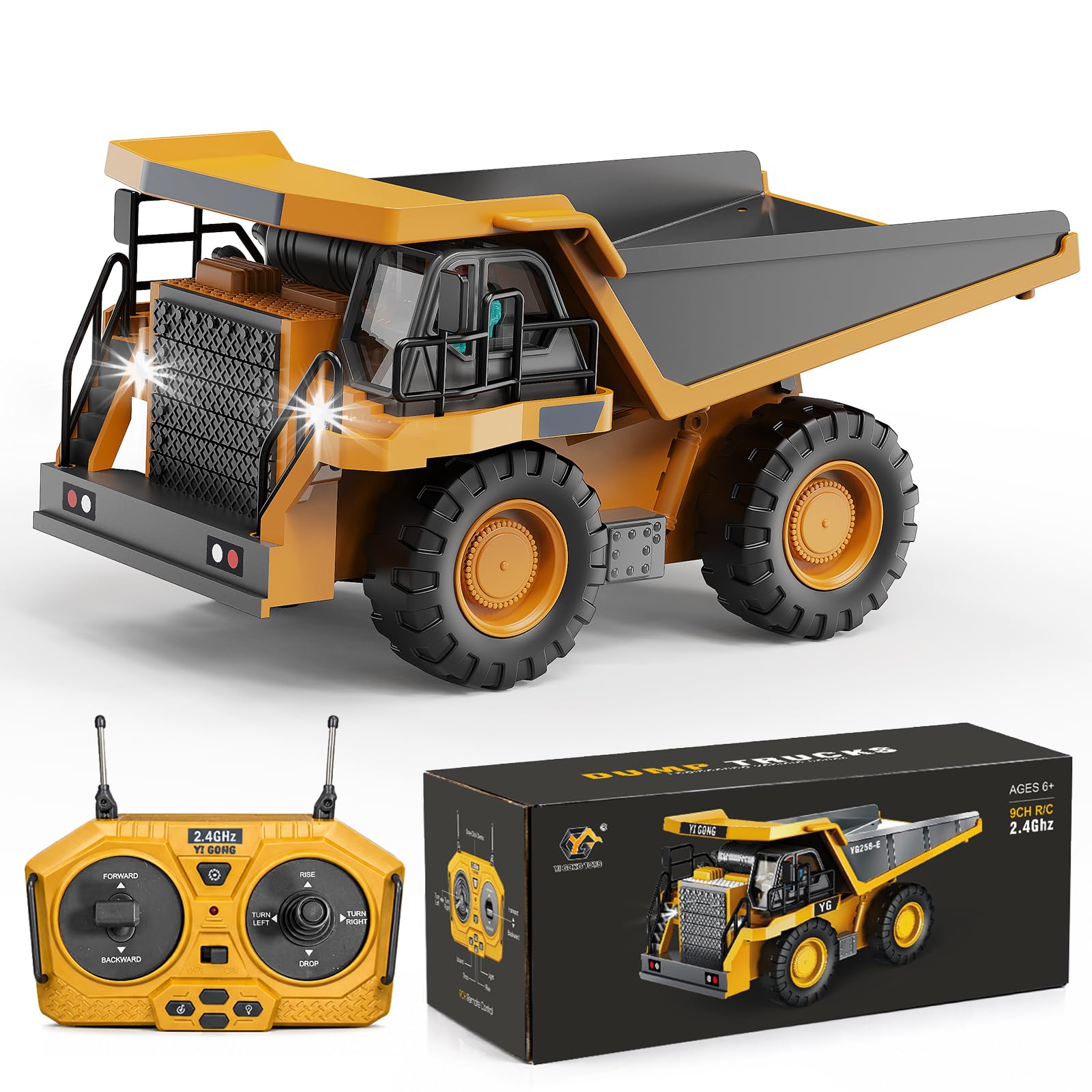 YESHIN Camion-benne télécommandé, 1:20 RC pelle, jouet benne basculante 9 canaux, véhicule de chantier métallique RC, commande à distance 2.4GHz, lumière LED, camion-benne à déchargement automatique