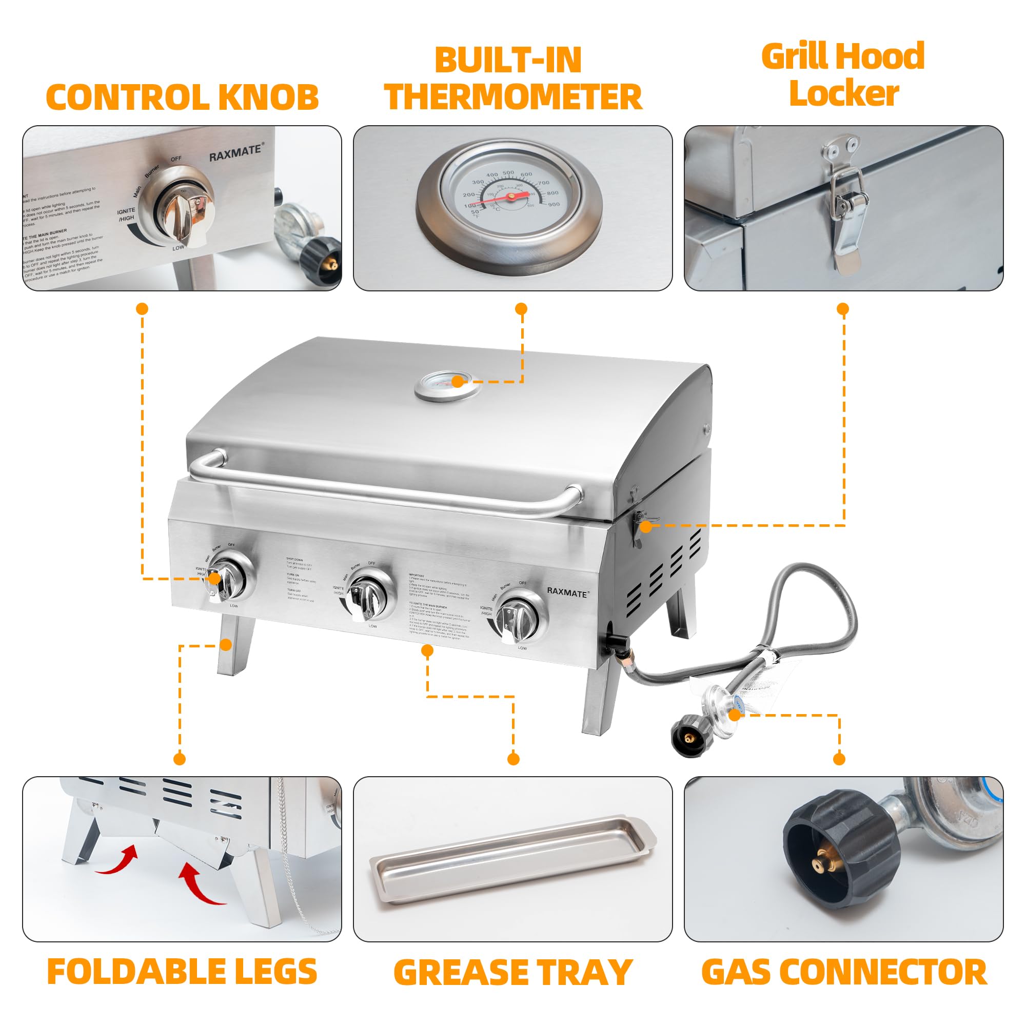 Parrilla portátil de gas propano, parrilla de mesa de acero inoxidable de 22 pulgadas con 3 quemadores, patas plegables, 30000BTU, perfecta para campamento, portón trasero, viajes en caravana y 3