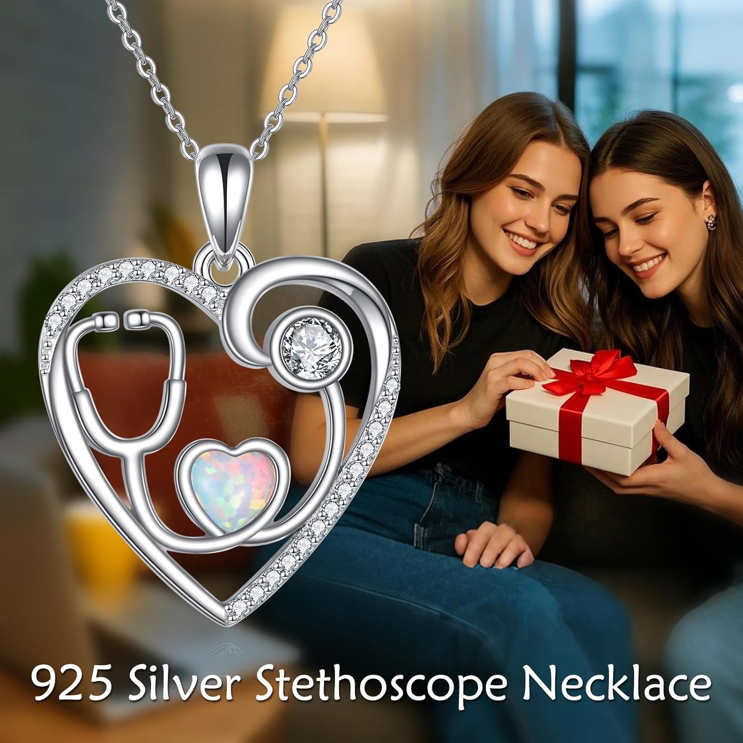 VONALA Stethoscope Necklace 925 Sterling Silver Stethoscope Opal Heart Pendant Graduation Gifts Medical Jewelry for Doctor Nurse Medical Student RN - Image 5