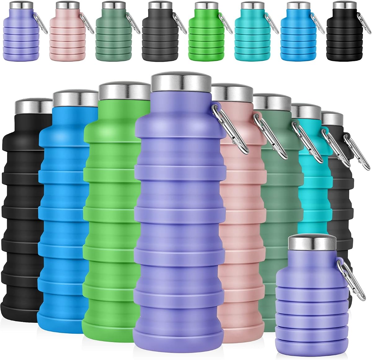 Lallisa 8 Pcs Collapsible Water Bottles Bulk, 17 oz Portable Reusable Silicone Water Bottle, Foldable Bottles for Travel Gym Camping Hiking, Leak Proof Sports Bottle with Carabiner(Fresh Colors)