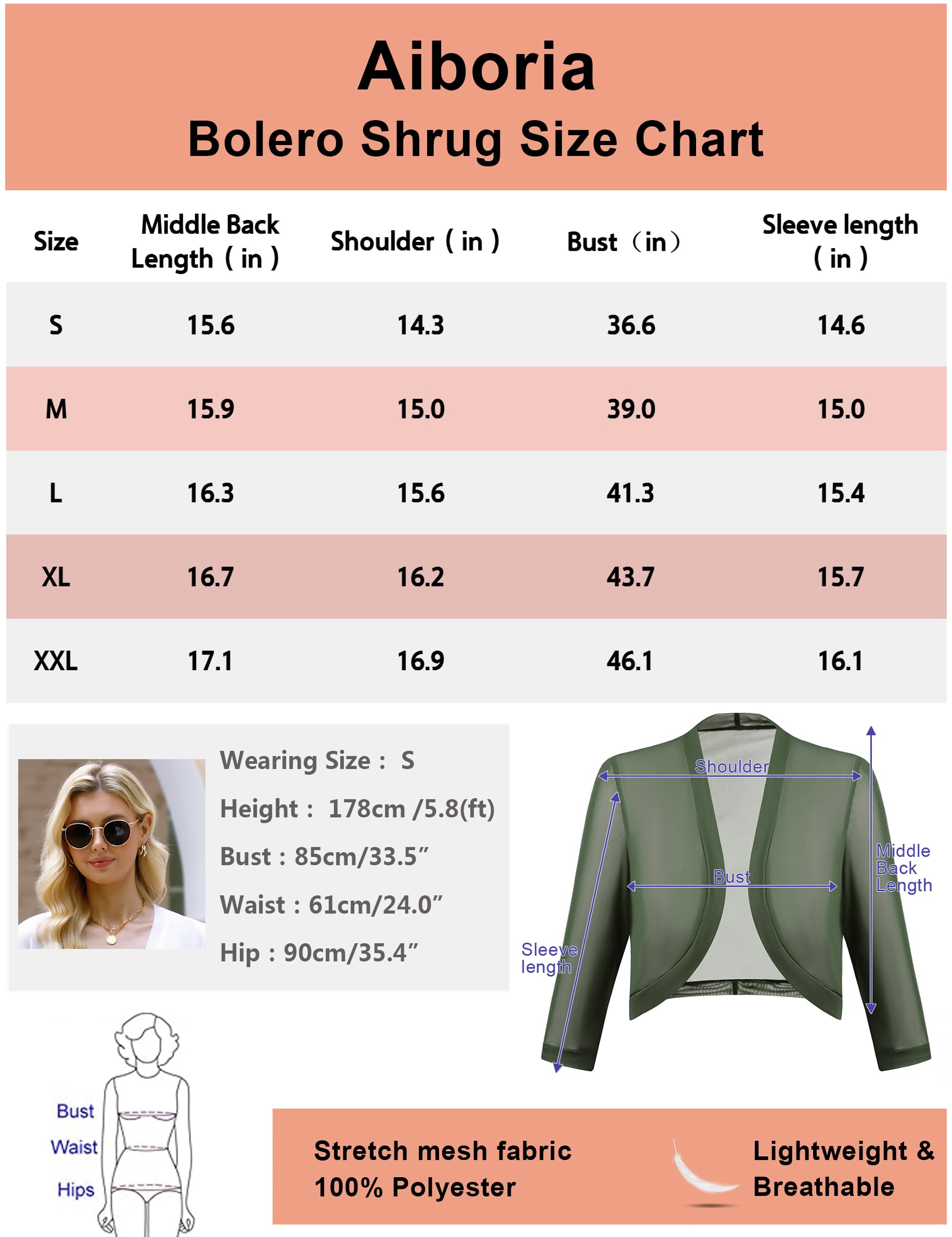 Aiboria Boléro court en maille à manches 3/4 pour femme - Taille S à XXL