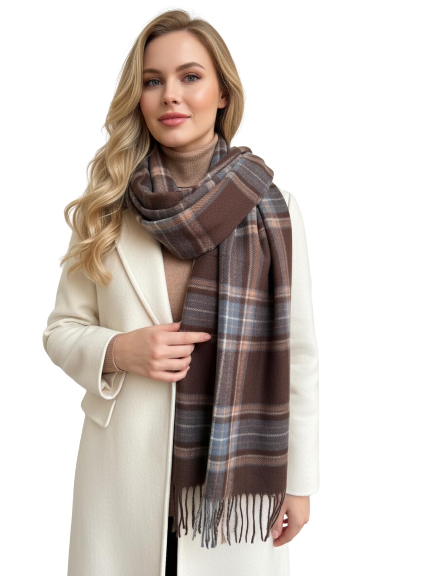 The Accessory Co. Women's Brown & Blue Tartan Scarf For Checked Shawl Wrap, Long & Large Warm Cashmere Winter Scarves, Plaid Blanket Scarf - Gift For Gifts (Brown & Blue)