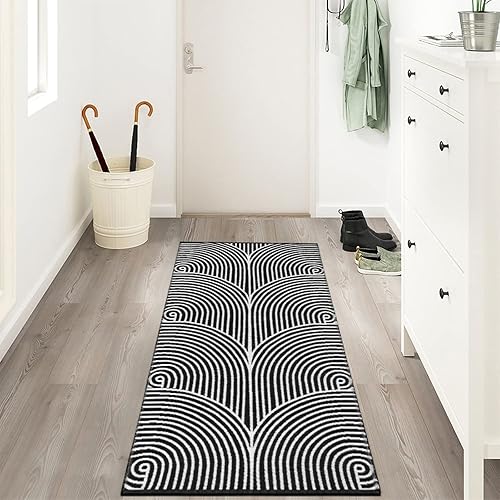 Miniatura 8 de Tiffasea Alfombra lavable de 2 x 5 pies, alfombra de algodón tejida para cocina, entrada, color blanco y negro, para interiores y exteriores,