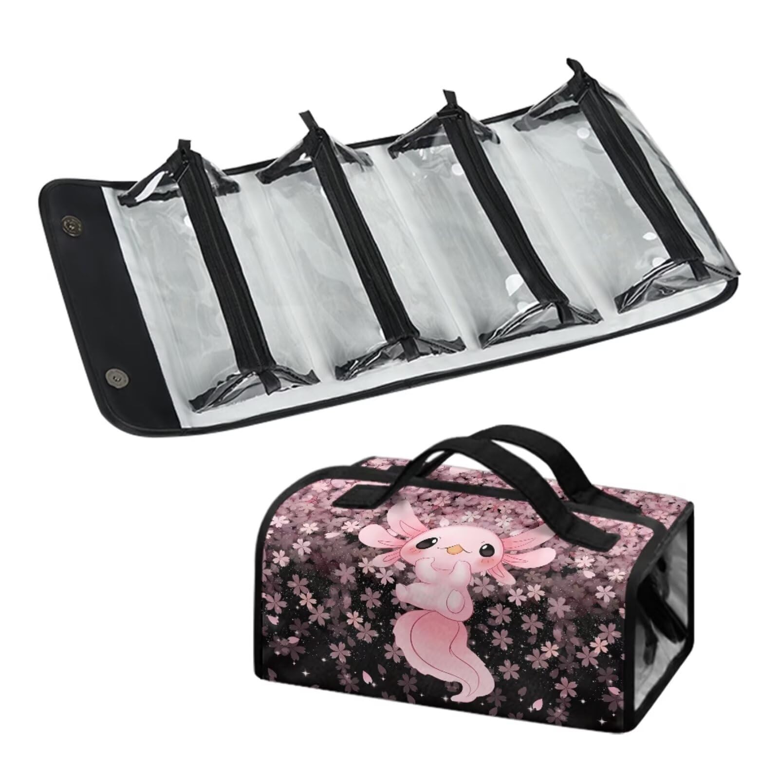 Dngkaoje Cute Axolotl Hanging Roll Up Makeup Bag for Women Girls Travel Pouches for Toiletries Kawai Axolotl Travel Toiletries Cases Multifunctional Organizer with 4 Removable Compartments