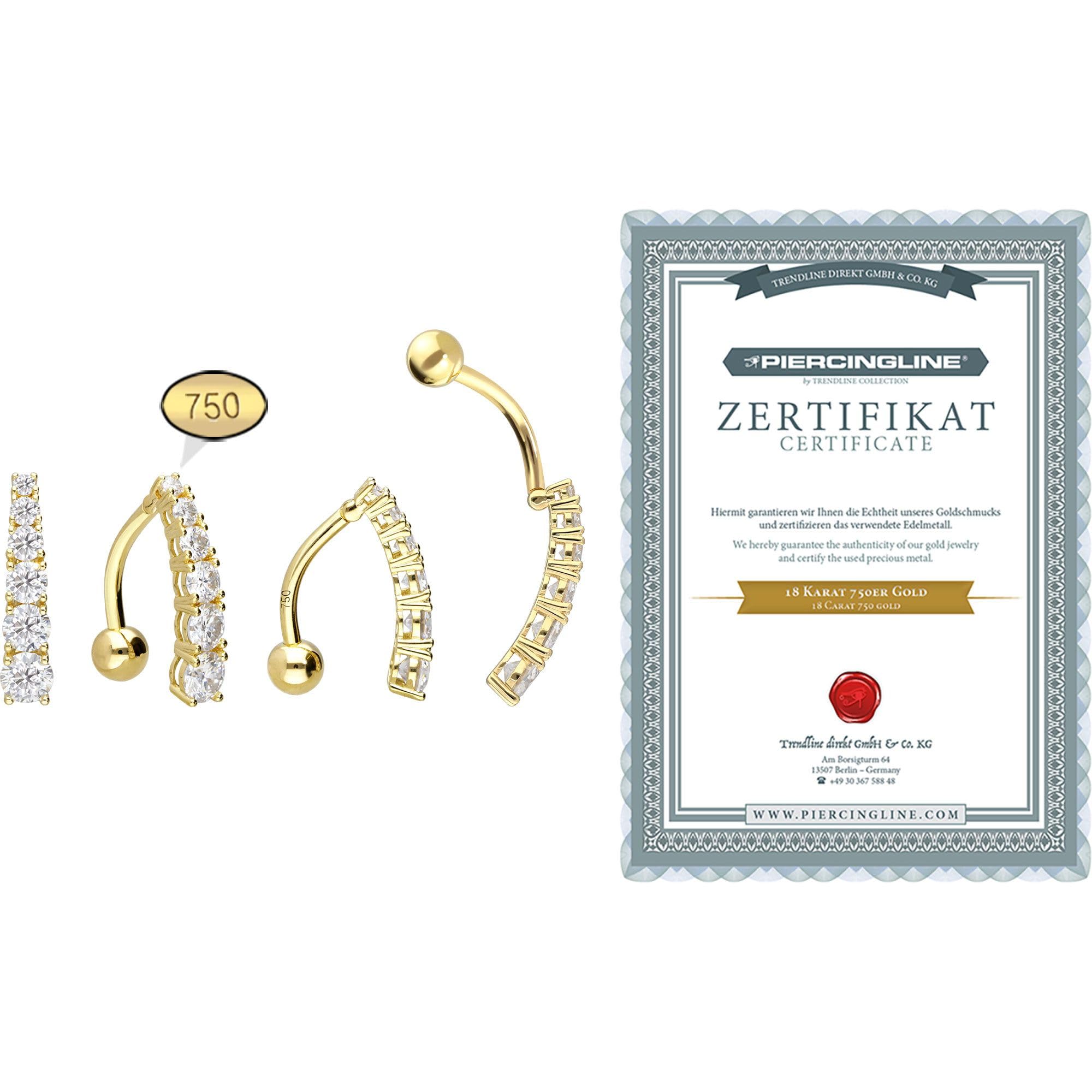 PIERCINGLINE Bauchnabelpiercing 18 Gold Bananabell MOISSANIT-BANNER 750er Gold - Goldfarben
