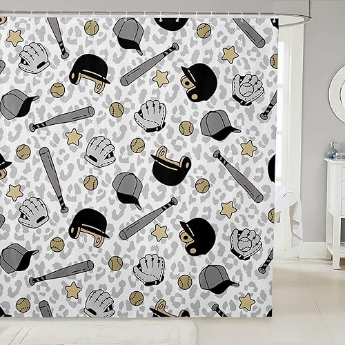 Miniatura 8 de Cortina de baño temática de béisbol con estampado de leopardo negro y gris, cortina de ducha para niños y niñas, decoración de la habitación de los