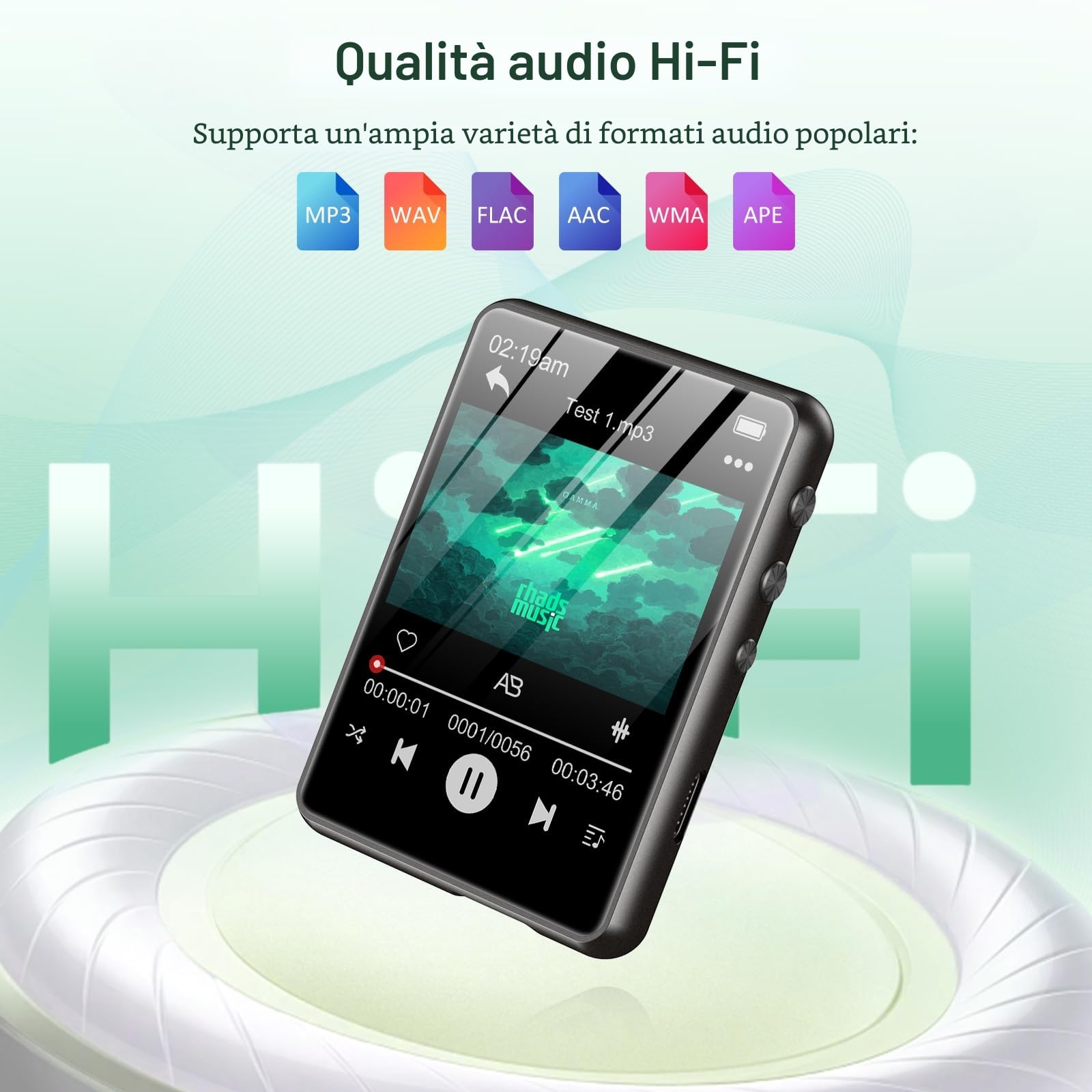 Lettore MP3 128GB Bluetooth 5.3, ZAQE 2,4” Full Touchscreen Lettore MP3 sportivo portatile, Altoparlanti integrati ad alta definizione, Radio FM, Registrazione, Line-In, Suono HiFi, fino a 512GB, Nero