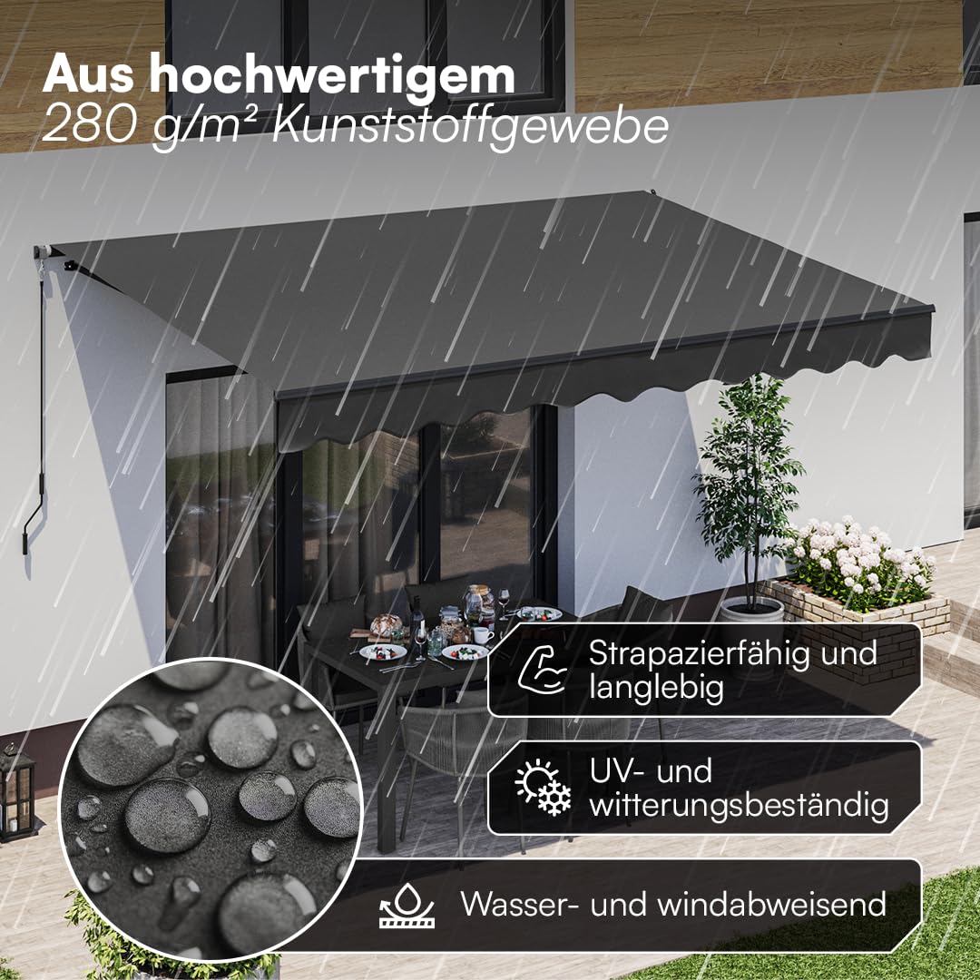 STEELSØN Kestria Awning for Balcony/Roof Terrace/Garden, 400 x 250 cm, Hinged Arm Awning, Opaque and Weatherproof, Outdoor Roller Blind with Plastic Fabric Crank, Sun Awning with Wall Bracket, Anthracite Garden