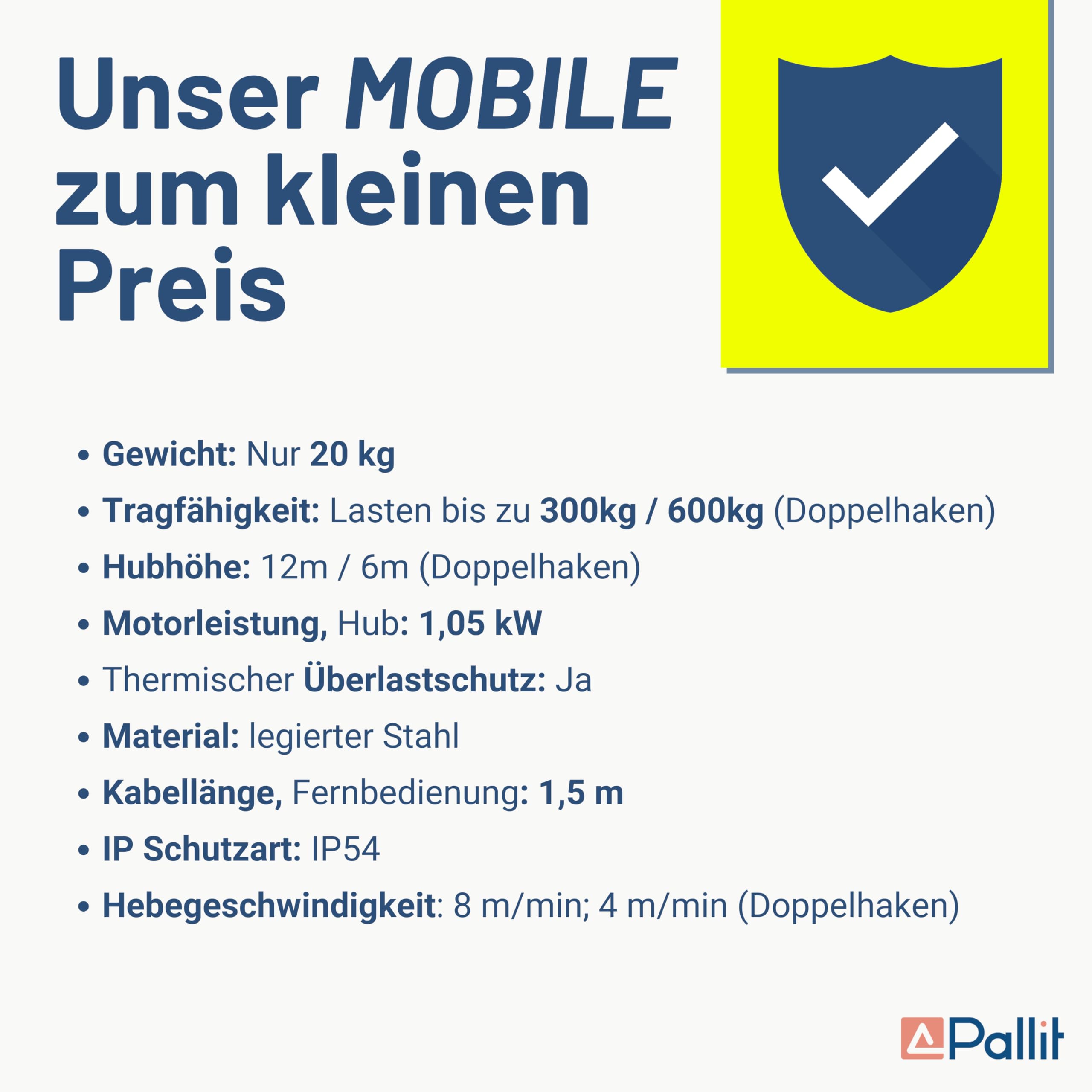 Pallit Seilwinde Elektrisch 230v 300/600 kg Tragkraft 12m Hubhöhe Stahlseil inkl. Kabelfernbedienung 1,5 m Kabellänge MOBILE Seilzug elektrisch Seilhebezug Hebezug