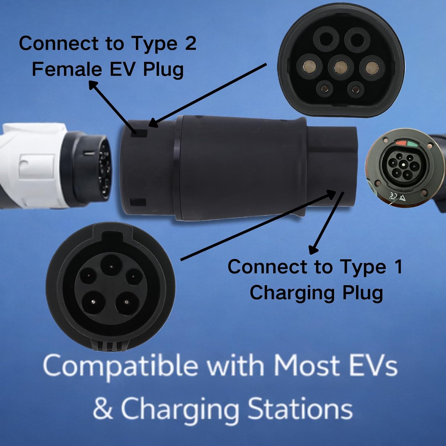 EV Charging Adapter, Type 1 to Type 2 EV Connector Electric Vehicles Charging Adapter IP54 16A 32A 240V Universal