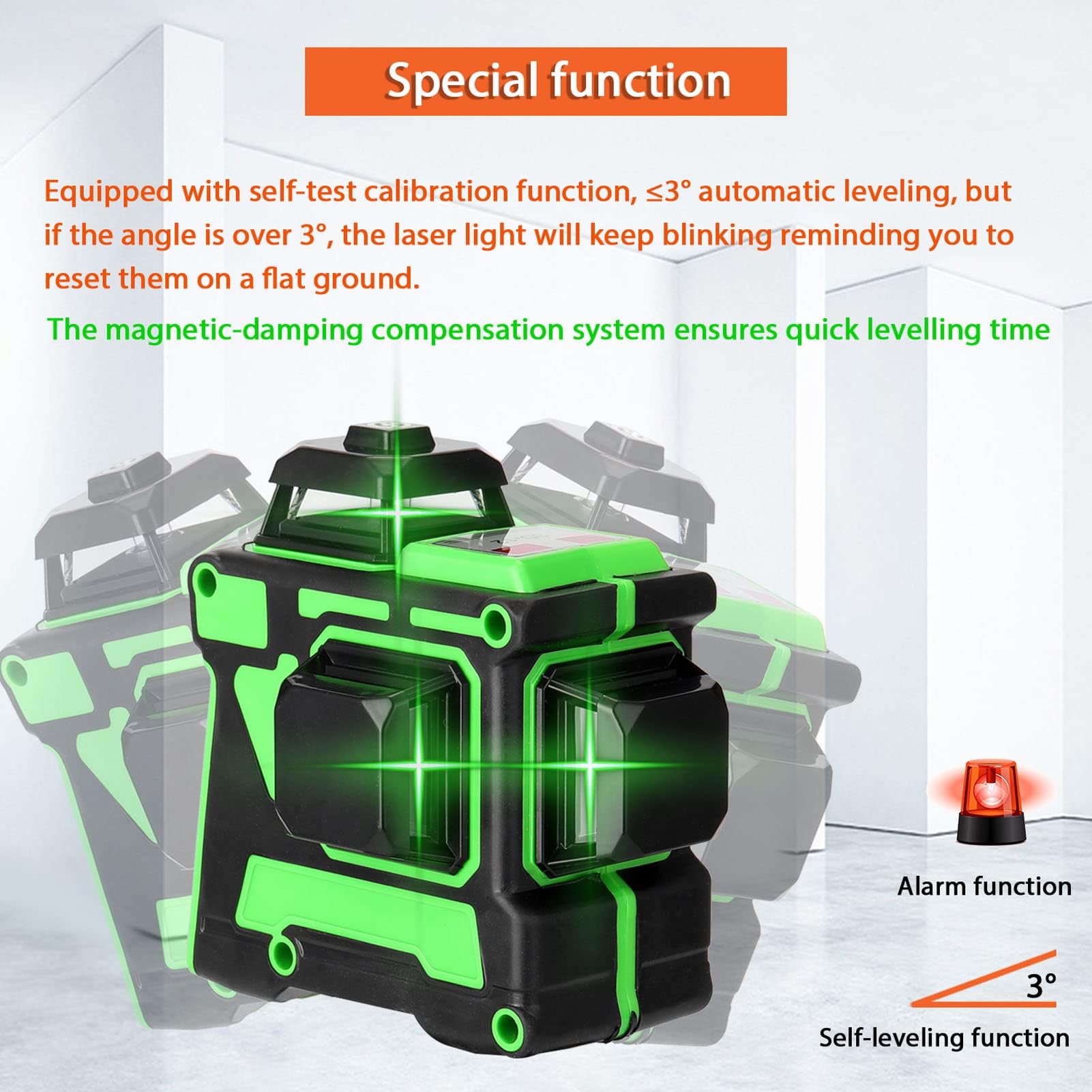 Livella Laser Autolivellante 12 Linee, Geevorks 3 X 360 °Livello Laser Autolivellante Verde, 1 x Batterie, Autolivellante, Supporto rotante, Telecomando, Base Magnetica