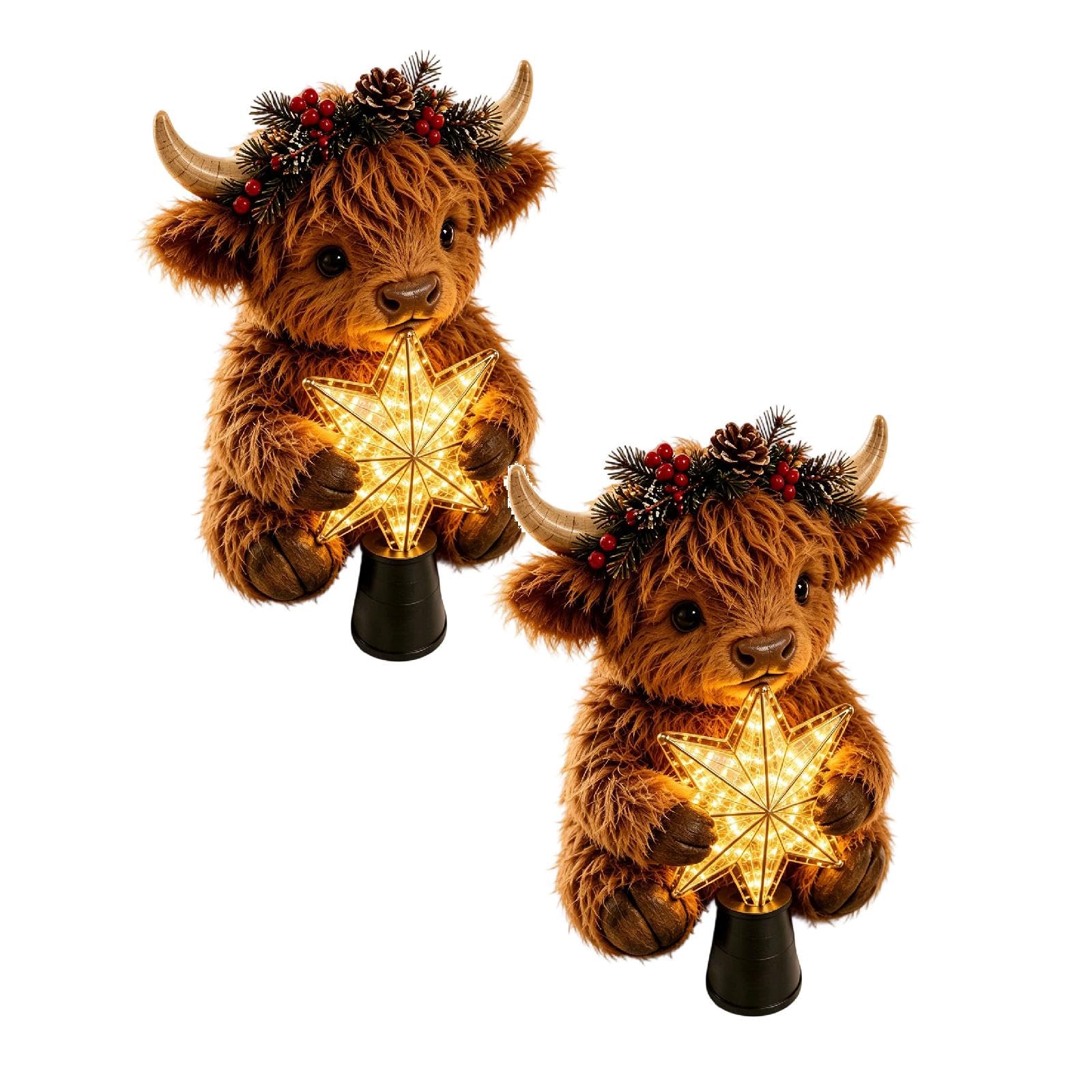 Highland Cow Glowing Star Tree Topper, Lighted Christmas Decor Adorable Highland cow hugs a warm glowing star adding cozy a memorable and farmhouse charm finish to your tree