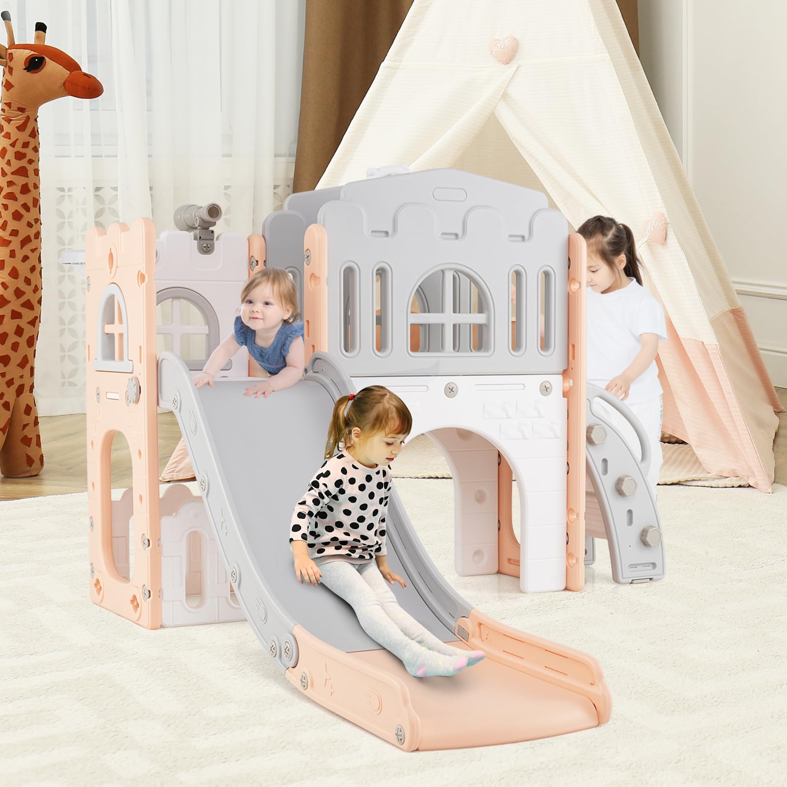 COSTWAY Scivolo per Bambini 9 in 1, Set da Gioco con Canestro da Basket, Telescopio, Volante, Corridoio, Tunnel e Spazio di Archiviazione, Scivolo da Interno ed Esterno per 1+ Anni (Rosa+Grigio)