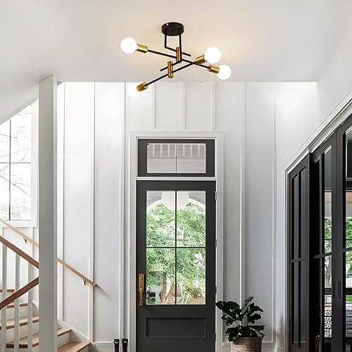 Miniatura 7 de Sputnik Lámpara de techo, 4 luces negras y doradas, lámpara de techo industrial semiempotrada moderna para dormitorio, sala de estar, cocina,