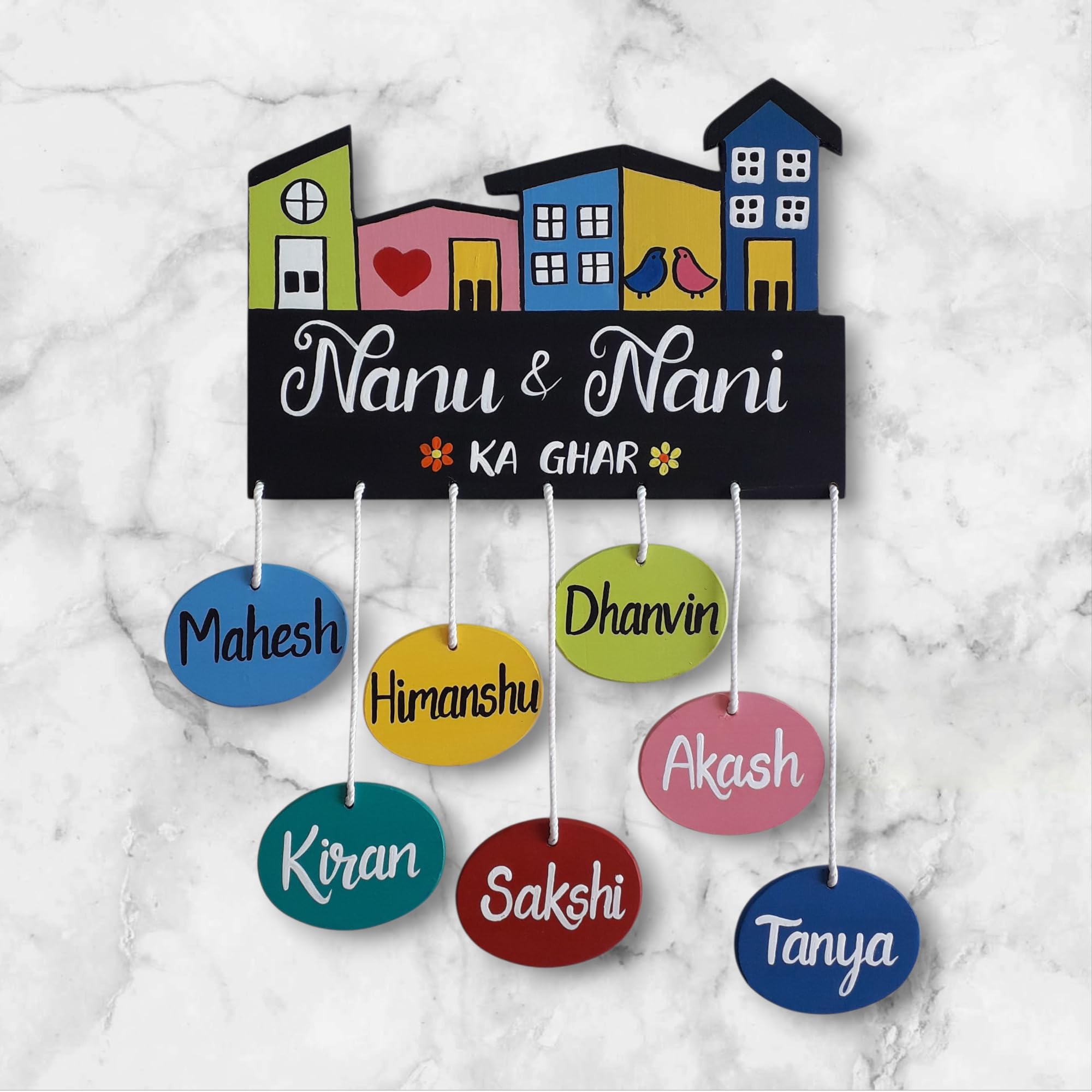 ROSE GARDEN ART CUSTOMIZED Home Door Wooden Name Plate with HAND PRINTED Acrylic Paint Letters on 8mm ISI marked PLYWOOD. Size L 16 inch.x H22 Inch. (Multicolour 1 to 7 names can be hung in it) 3