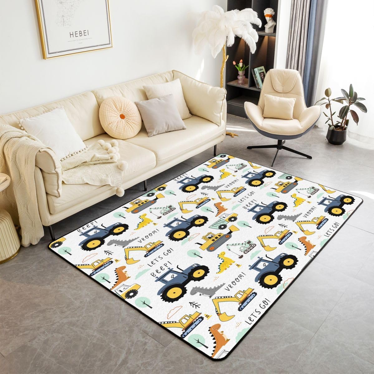 Boys Cartoon Car Non Slip Rug 5x7, Kids Construction Vehicles Area Rugs for Child Toddler Teens, Dinosaur Carpet Non Shedding, Tractor Machinery Excavator Indoor Floor Mat, Trucks Cars Accent Rug Set