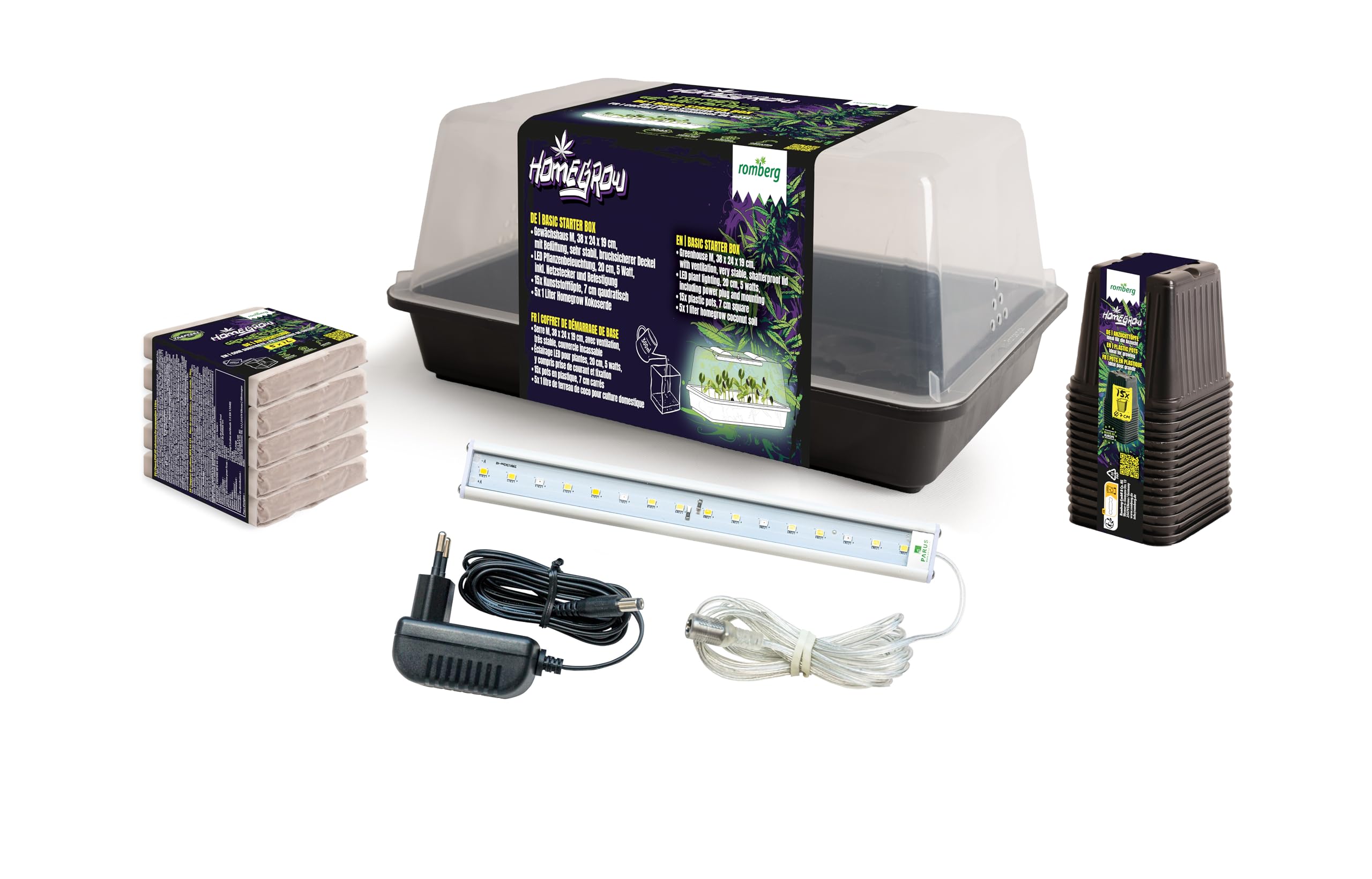 Romberg Homegrow BASIC STARTER BOX - Zimmergewächshaus Starter Set mit LED Pflanzenbeleuchtung (5 W), Mini Gewächshaus für Homegrowing & Pflanzenanzucht indoor, inkl. Substrat & Töpfe, 38 × 24 × 19 cm