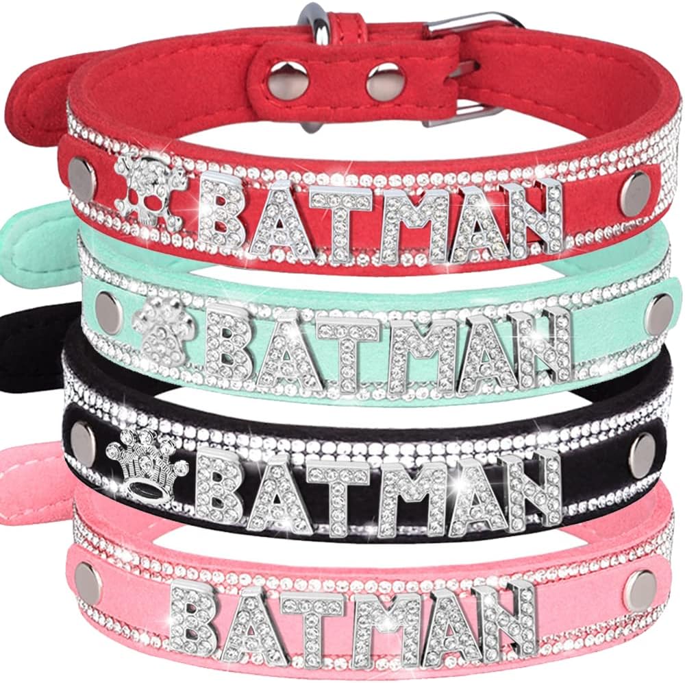 Captree Personalized Custom Rhinestones Dog Collars,with Rhinestone DIY Name Letters,PU Leather Dog Collars Fit Small Medium Large Dogs