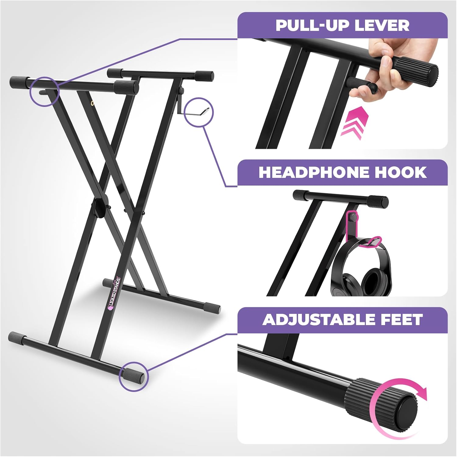 Liquid Stands X-Style Piano Keyboard Stand and Bench Fits 54 61 88 Key– Adjustable, Portable Heavy Duty Digital Keyboard Piano Stand Seat Set for Kids, Adults, Home, or Studio - Electric Music Stool