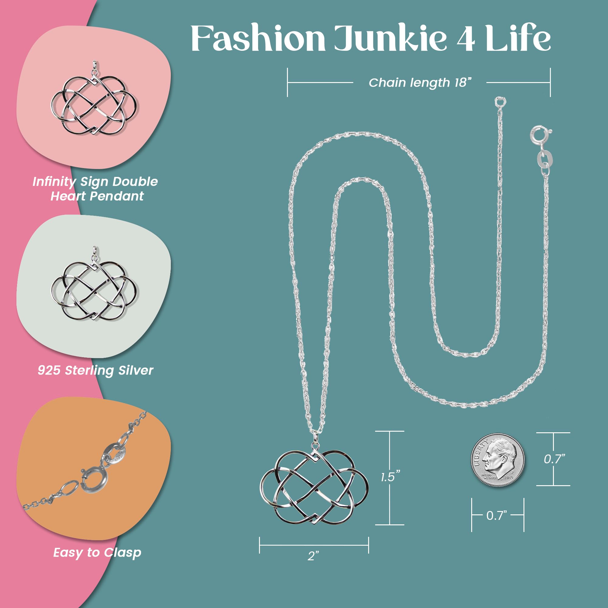 FashionJunkie4Life Argento Sterling Infinity Sign Doppia Collana con Ciondolo a Forma di Cuore, 45,7 cm