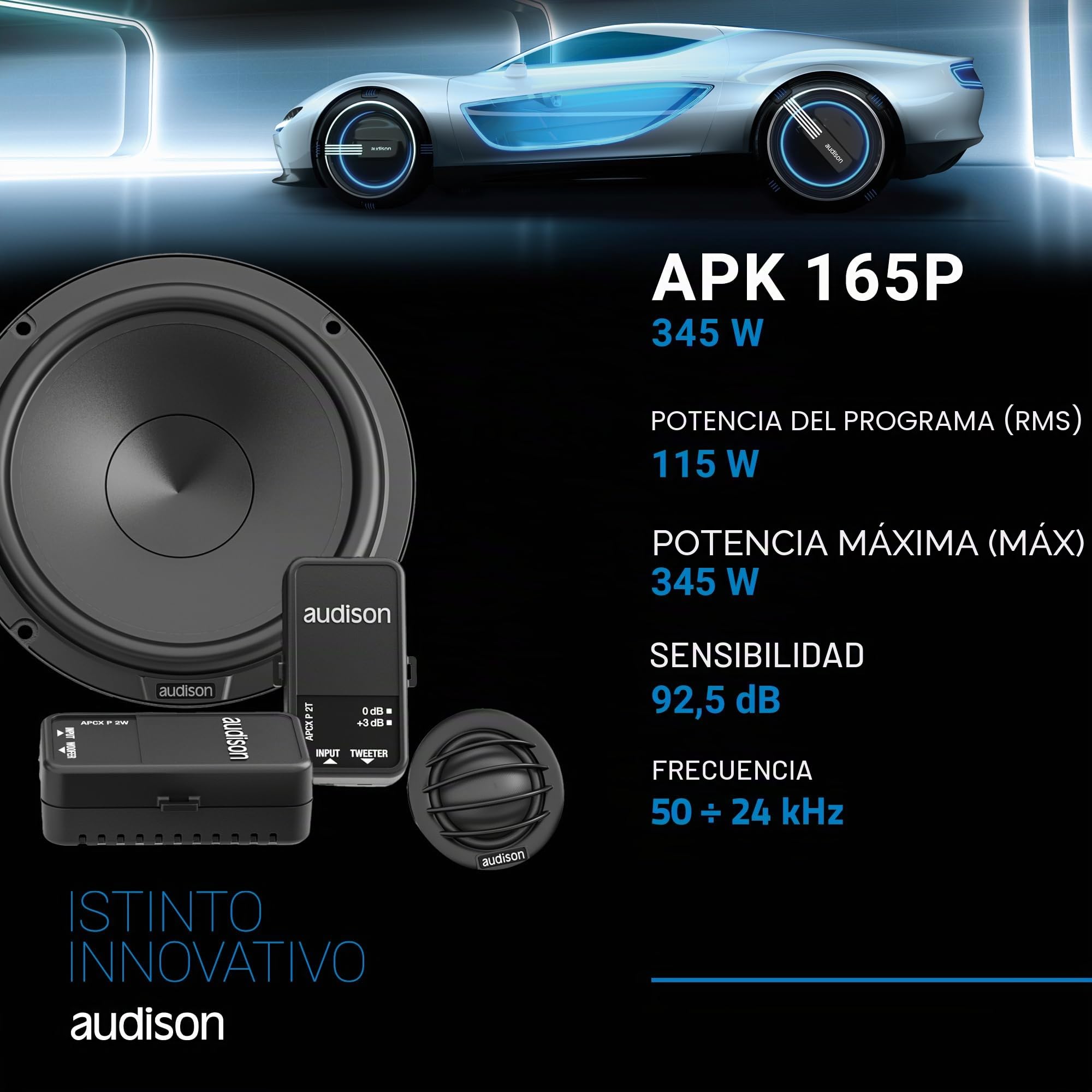 Audison APK 165P kit de 2 vías 165 mm, 345 W | tweeter Tetolon 29 mm, filtro incluido, 6,5 pulgadas, 115 W RMS, 4 Ohm, 89,5 dB