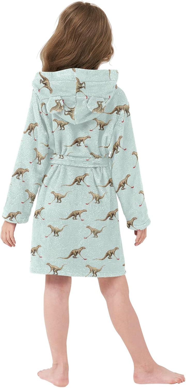 Dinosaur Hockey Sports Bathrobe Hooded PJ Robe Soft Fleece Robe Pajama Sleepwears 2-12 Years