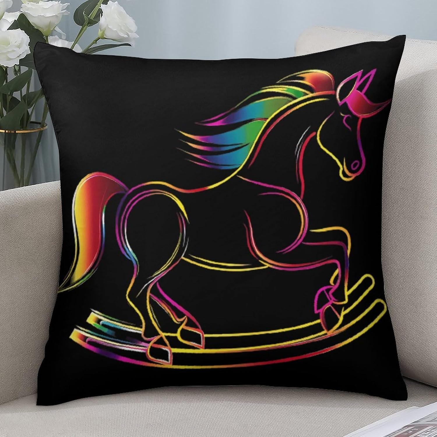 Rainbow Rocking Horse Printed Throw Pillow Case 4 Pcs Soft Pillowcases Pillows Covers Sofa Bed Decor 12/14/16/17/18/20/22/24/32 Inches