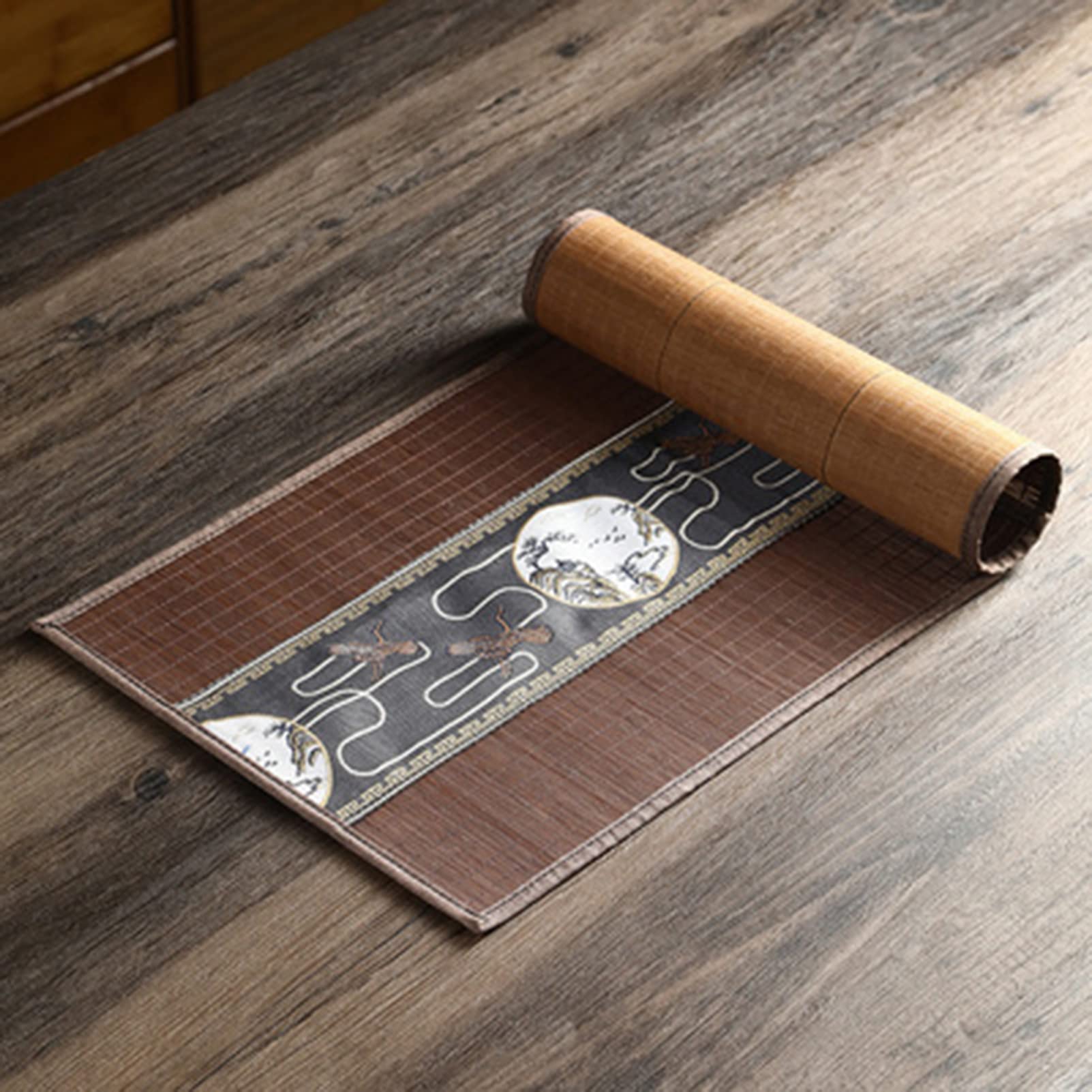 Chemin de table en bambou, Tapis de table tissé en soie de bambou avec support en maille antidérapant, tapis de table durable avec décor en tissu jacquard, set de table de décoration de mariage de fêt