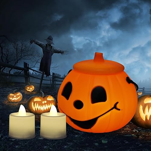 Miniatura 5 de Decoraciones de calabaza de Halloween, luces LED de calabaza con velas sin llama, faroles de mano de calabaza para interiores y exteriores, cubo de