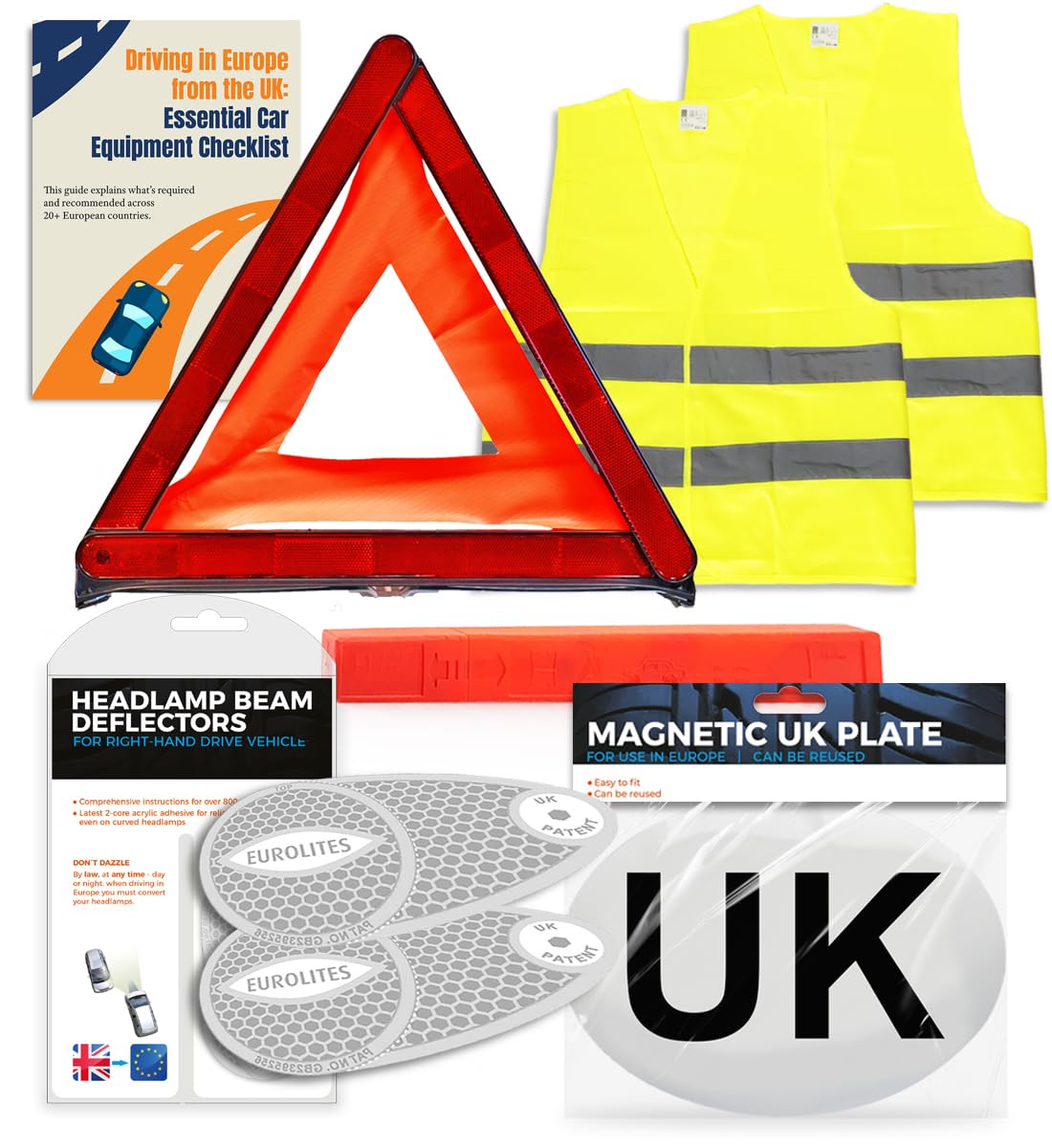 EVAQ8 Europe Travel Driving Kit 2026 Includes the Four Core Items UK Cars Must Carry When Travelling to France, Italy, Germany, Spain: UK Sticker, Warning Triangle, Vests, Headlamp Beam Converters - 2