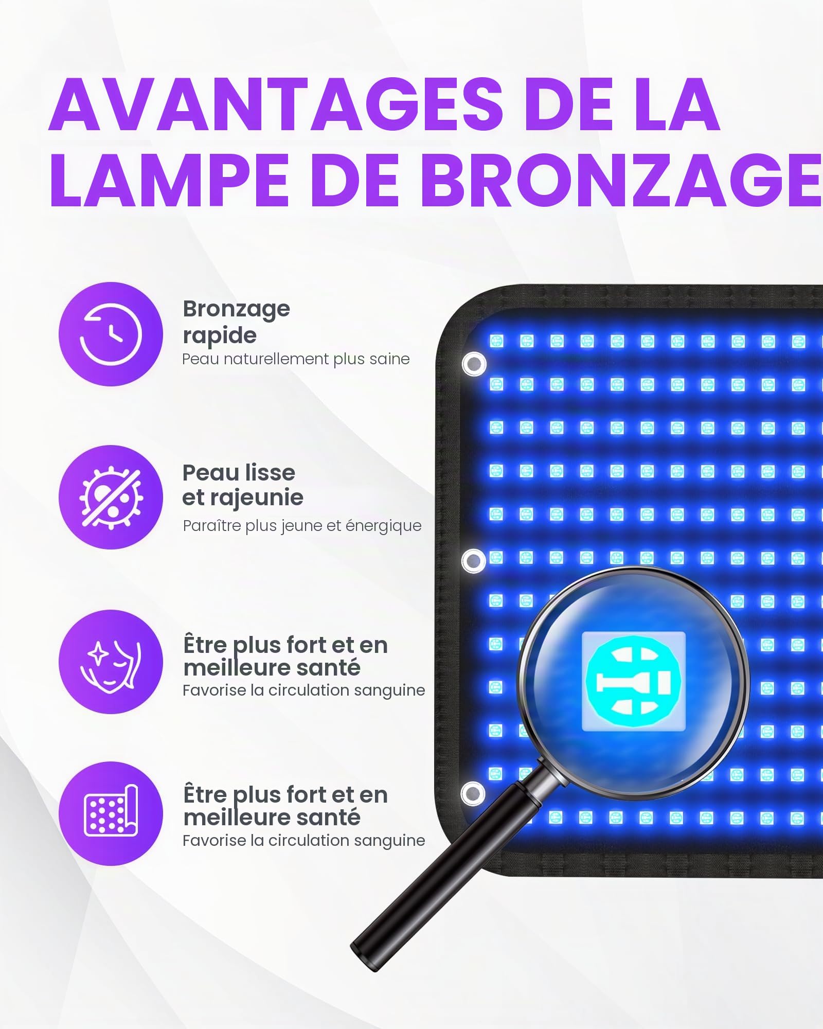 Lot de 360 lampes de bronzage, 460 et 490 nm, 100 x 60 cm avec 5 intensités de lumière, 3 modes constants/10 Hz/40 Hz impulsion, couché/suspendu au mur, 2 gouttes autobronzantes
