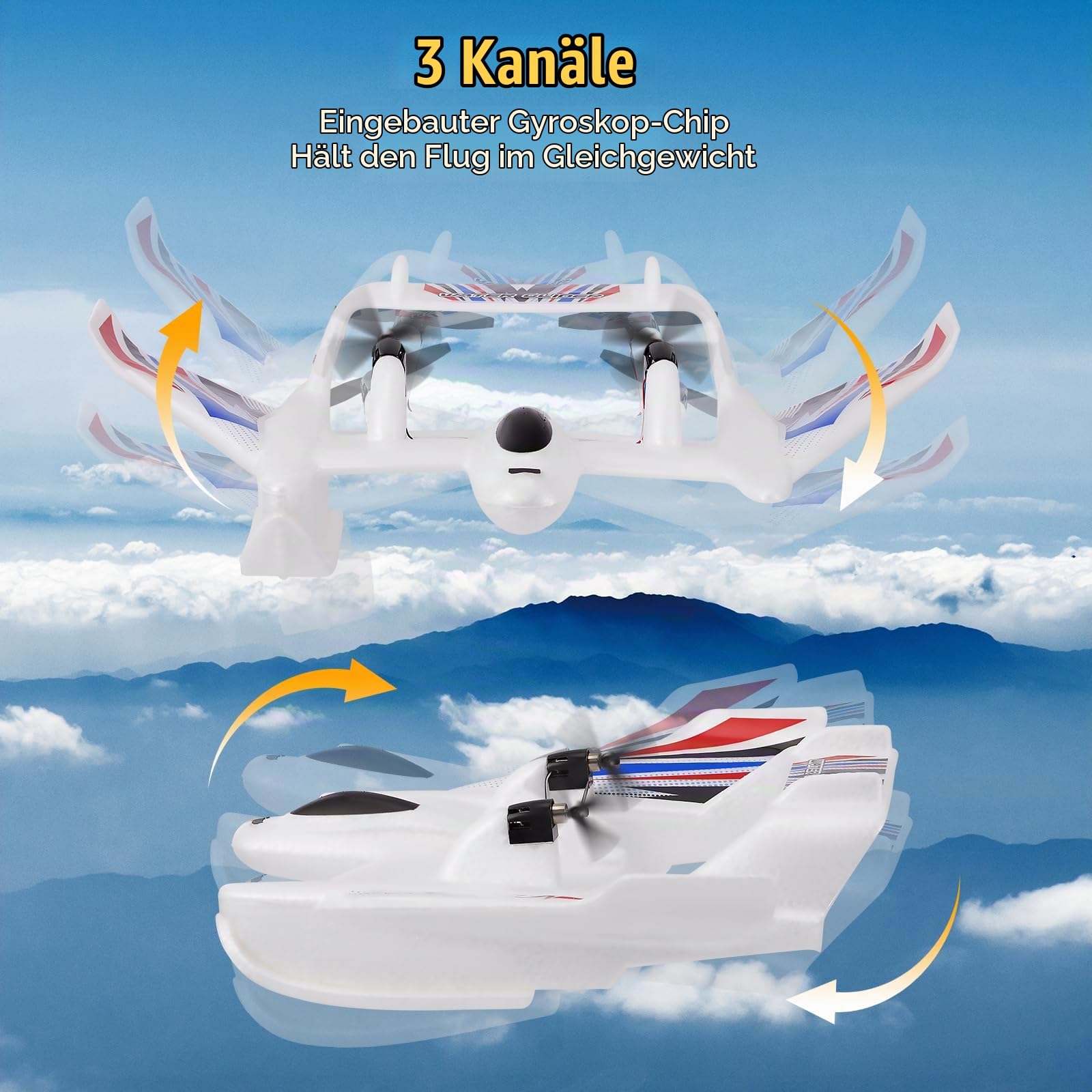 2.4GHz 3CH RC Flugzeug, 3-in-1 Amphibien Modellflugzeug für Land, Wasser und Luft, mit 2 Akkus, EPP Material, Weiß