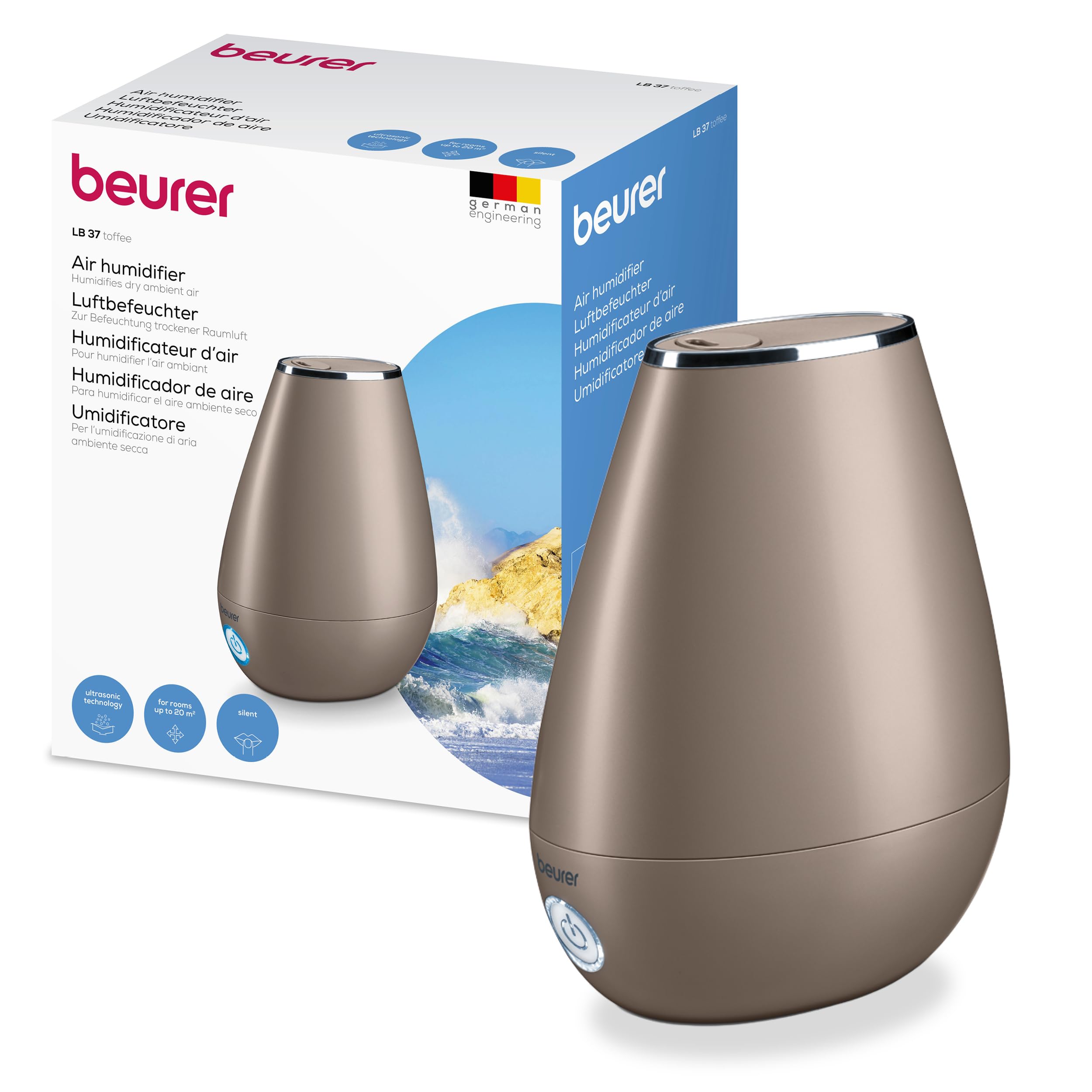 Beurer LB 37 Luftbefeuchter mit Ultraschall-Zerstäubung, inkl. integriertem Aroma Diffuser, Humidifier mit leisem Nachtmodus fürs Schlafzimmer, 2L Tank für Räume bis 20 m², toffee