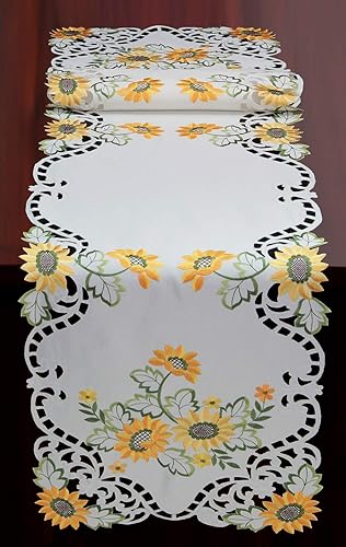 Creative Linens girasol 15 x 69" Camino de mesa bordado Cutwork Dresser bufanda color blanco